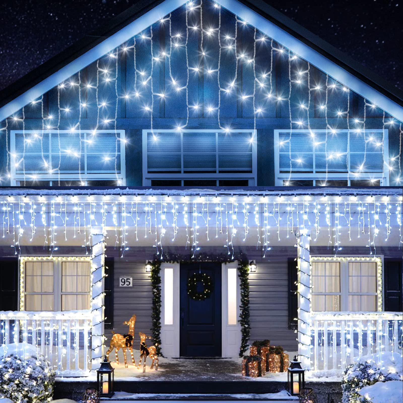 Quntis Cortina de Luces Exterior 400 LED 10M, Guirnaldas Luces de Navidad Blanco Frio IP44 Impermeable Prolongable Cascada de Luces Led para Interiores y Exteriores, Ventana, Patio, Balcón, Bar