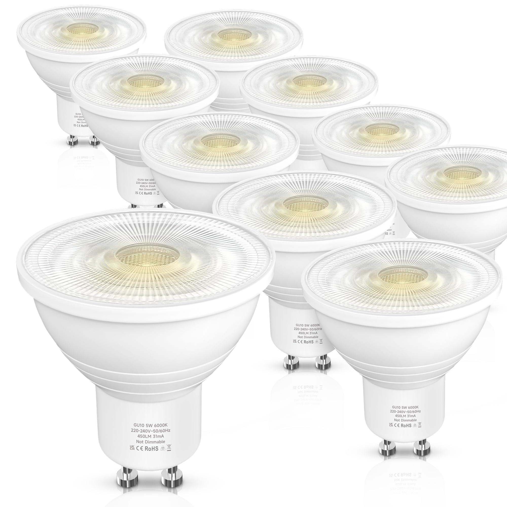 Toutgood GU10 LED Light Bulbs, 5W GU10 LED Bulb 450LM, 40W Halogen Bulbs Equivalent, Cold White 6000K Energy Saving Light Bulbs, 38°Beam Angle, No Dimmable, No Flickering, 10 Pack