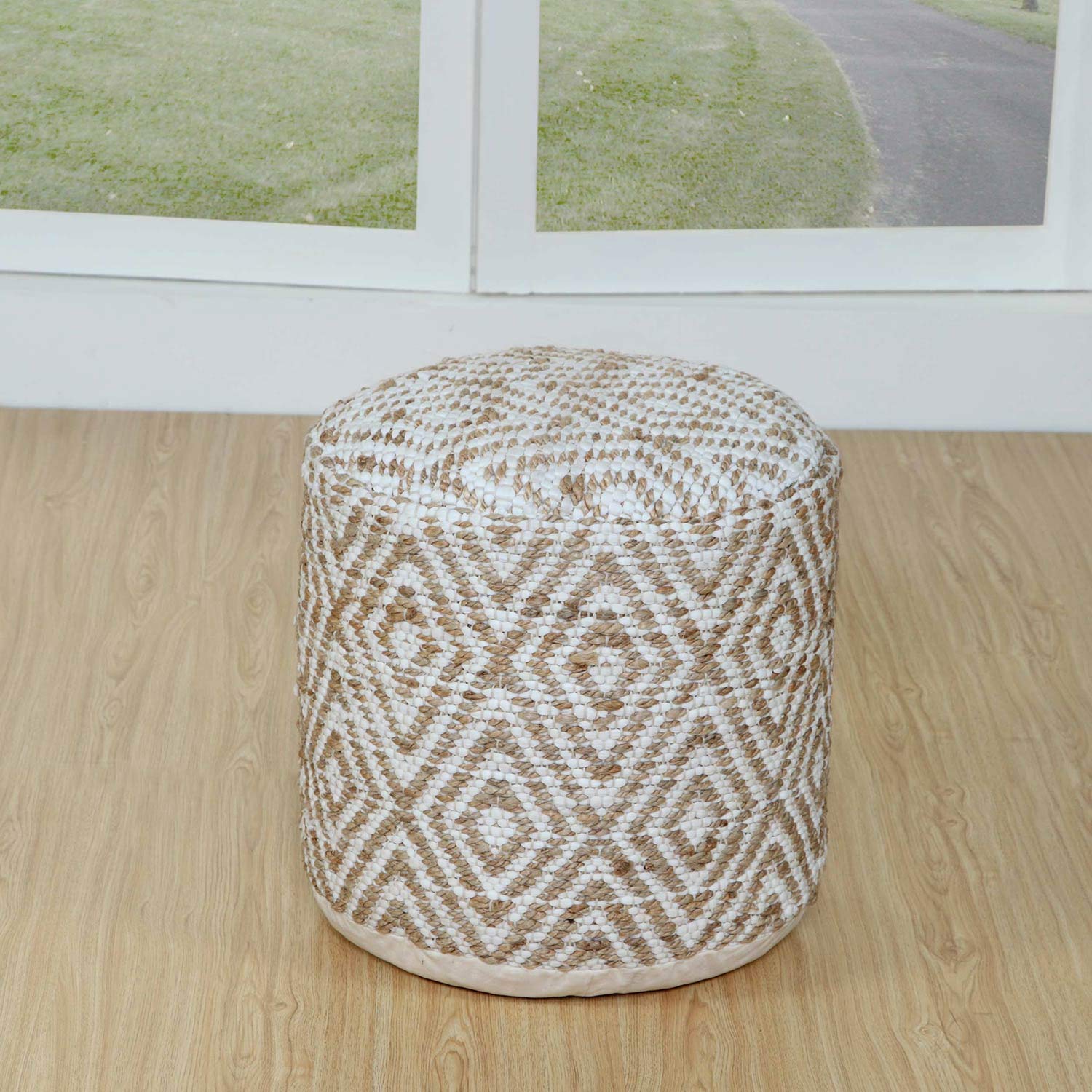 Homescapes Pouf Sierra 40 x 45 cm, rotondo, con motivo etnico, realizzato a mano, in iuta e cotone, con imbottitura in perle