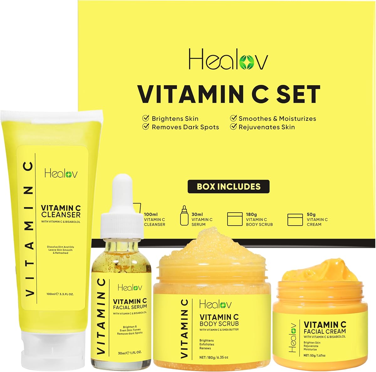 Vitamin C Skincare Set – Hydrating Facial Cleanser, Exfoliating Body Scrub, Face Cream & Anti Aging Serum – Vit C Reduces Dullness, Fine Lines, Wrinkles, Dark Circles – Travel Kit for Youthful Skin
