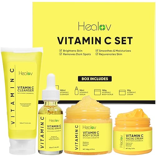 Set de cuidado de la piel con vitamina C Limpiador facial hidratante, exfoliante corporal, crema facial y suero antienvejecimiento Vit C reduce la