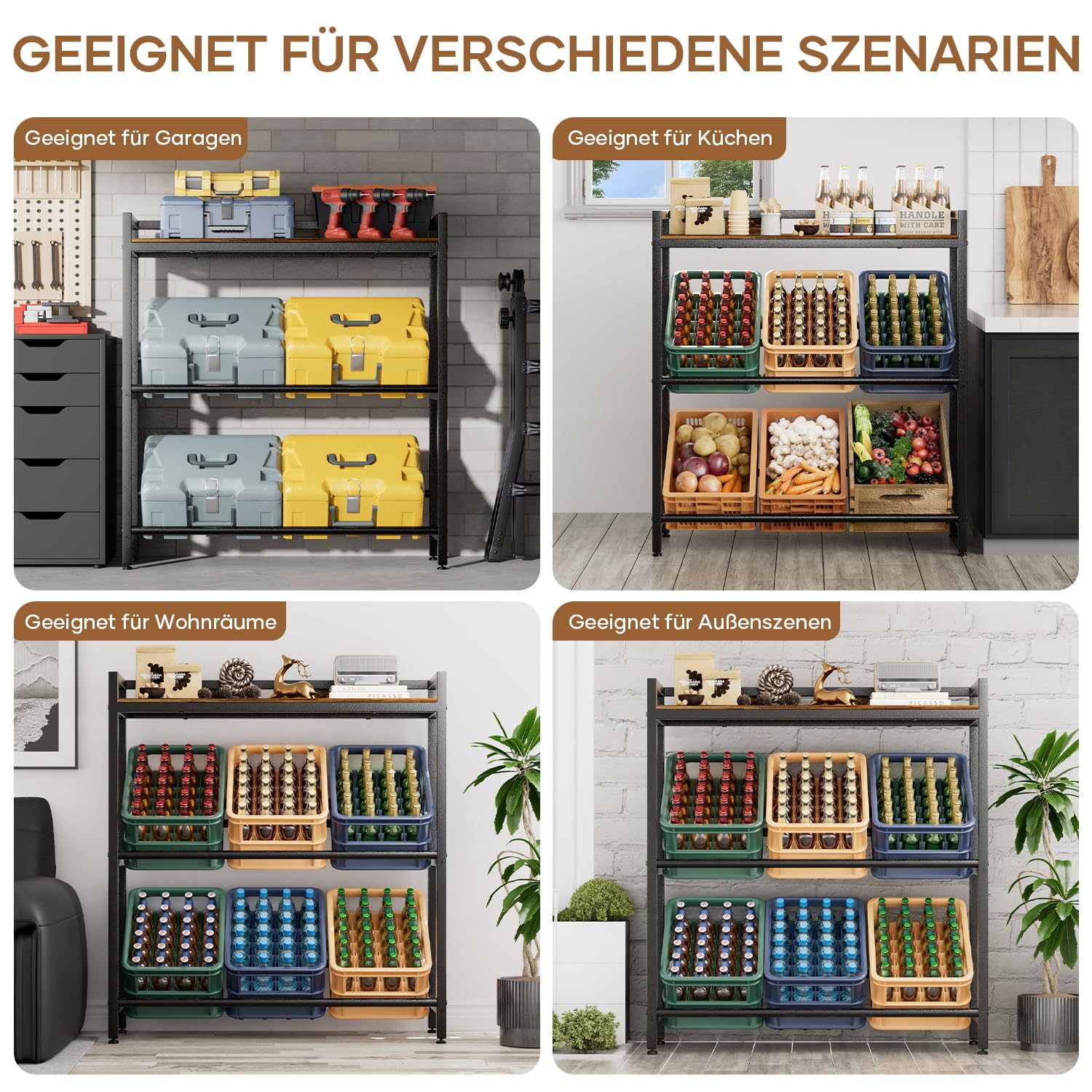 Getränkekistenregal 6 Kisten mit Ablage,33D x 104W x 115H cm Getränkeregal,Stabiler Metall Regal Getränkekisten,Freistehend Bierkisten Regal für Küche Keller Garage,Kistenregal Rustikales Braun