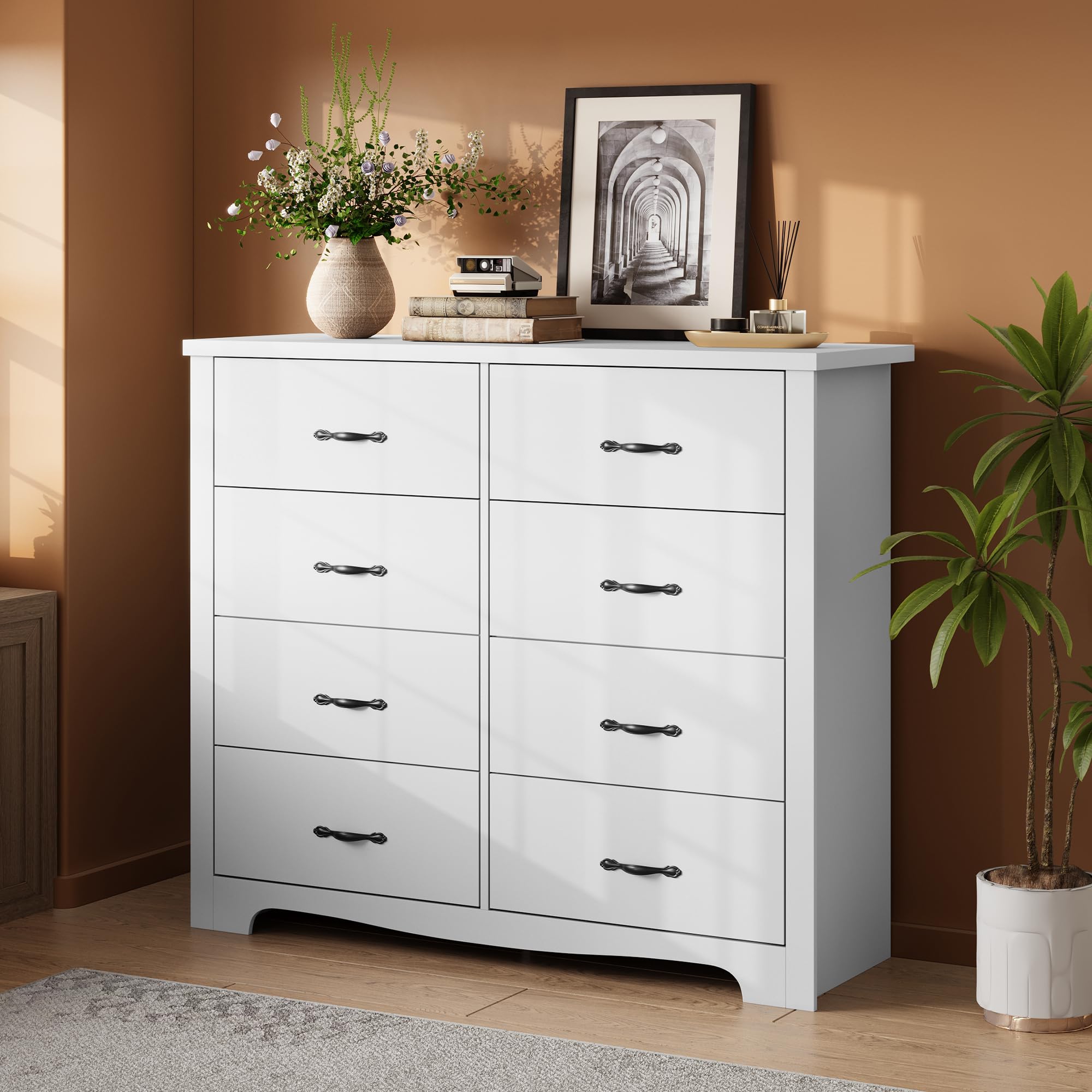LINSY HOME Chest of Drawers White 120 cm Wide, 8 Drawers Drawer Cabinet with Tilt Protection, Modern Sideboard for Living Room, Bedroom, Hallway, High Stability and Water-Repellent Surface | 120 cm breit, Kippschutzmit Kippschutz, modernes Sideboard für Wohnzimmer Schlafzimmer Flur, wasserabweisende Oberfläche