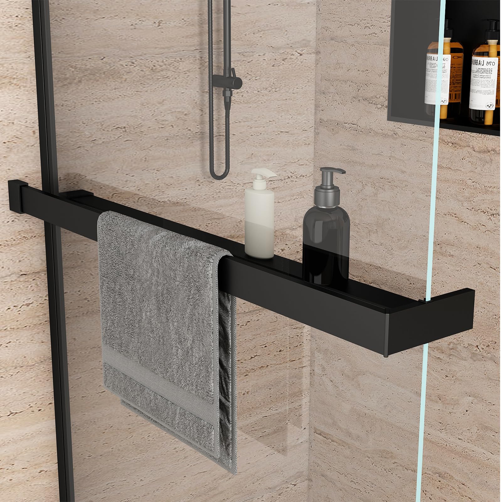 Duschwand für Dusche mit Ablage, Schwarz, 110 x 200 cm