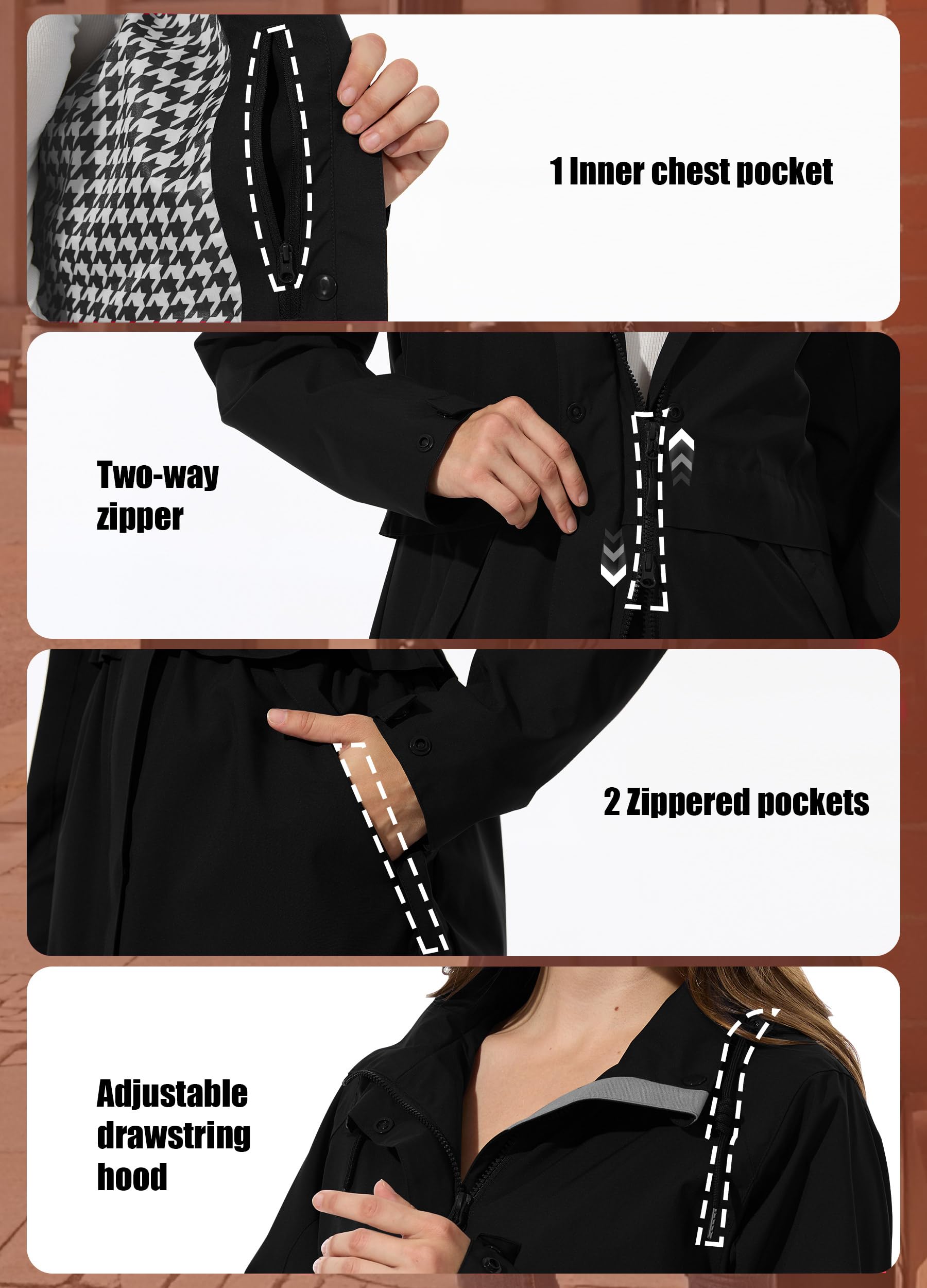Regenjacke Damen Wasserdicht Kapuze Regenmantel Jacke Atmungsaktive Mantel Übergangsjacke Lang Trenchcoat Frühling Herbst S-2XL