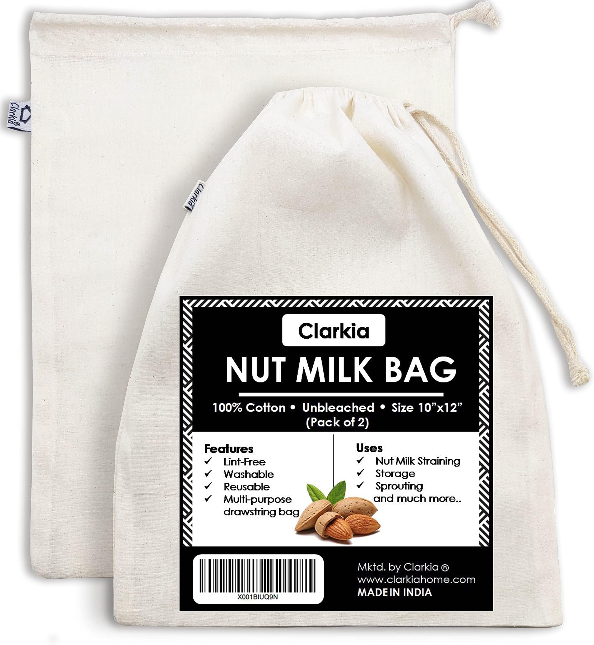 Cotton Unbleached Drawstring Nut Milk Bag - 10x12in, 2 Piece (White)