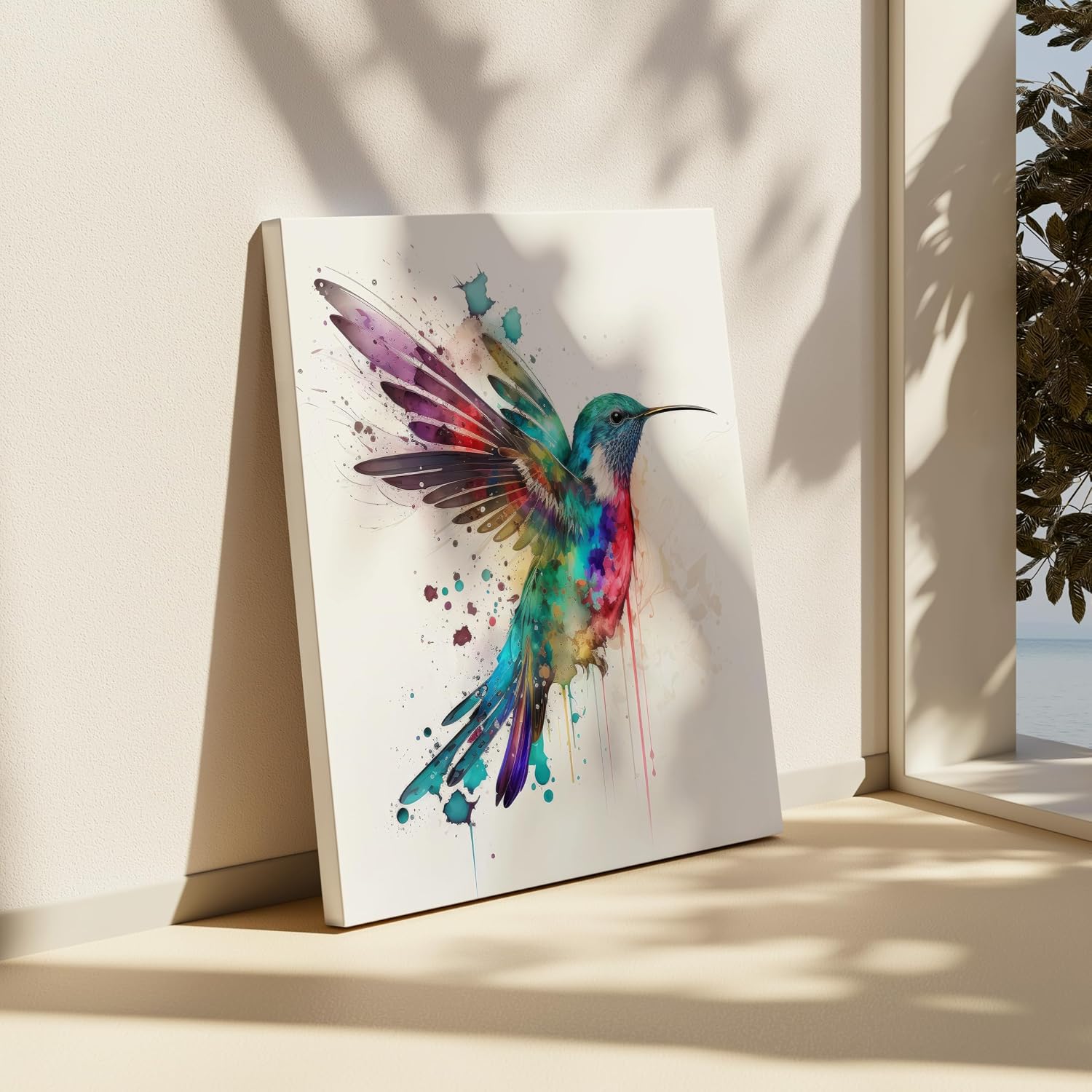 Poster Master Hummingbird Canvas - Neon Hummingbird Print - Watercolor Art - Colorful Gift for Him, Her, Bird Watcher, Animal Lover - Vibrant Decor for Living Room, Bedroom - 8x10 STRETCHED Canvas