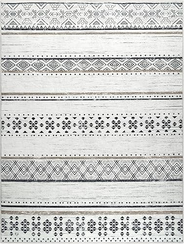 BESTSWEETIE Alfombra marroquí de 9 x 12 pies, lavable, de 9 x 12 pies, geométrica neutra, para sala de estar, dormitorio, pelo corto,