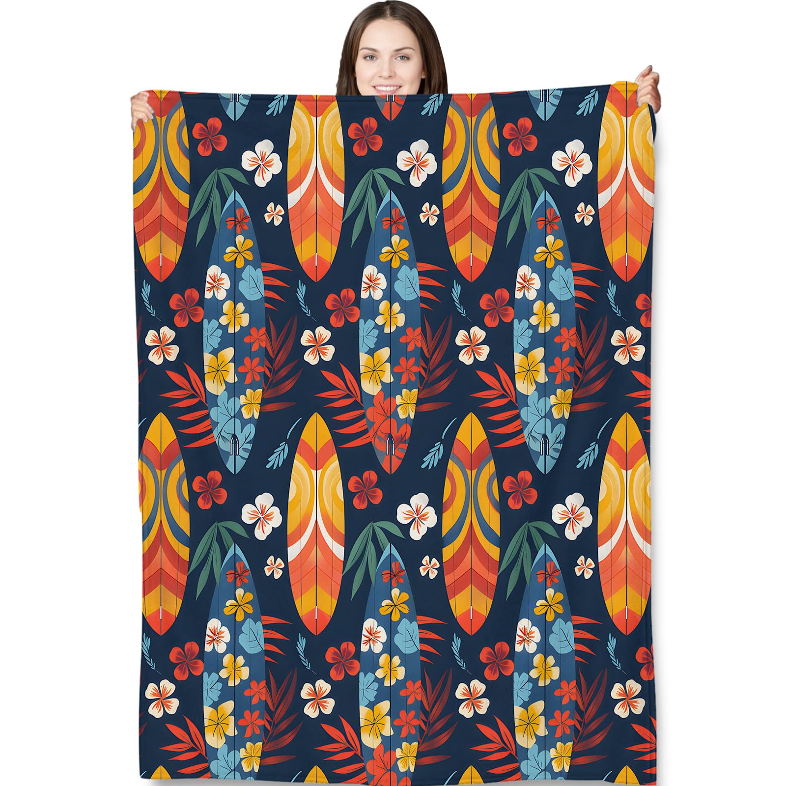 fifbird Flannel Fleece Blanket Surfboard Flower for Adults Kids Tropical Summer Theme for Bedroom Couch Travel Home Decor Fuzzy Soft Cozy Warm Gifts Throw Blankets