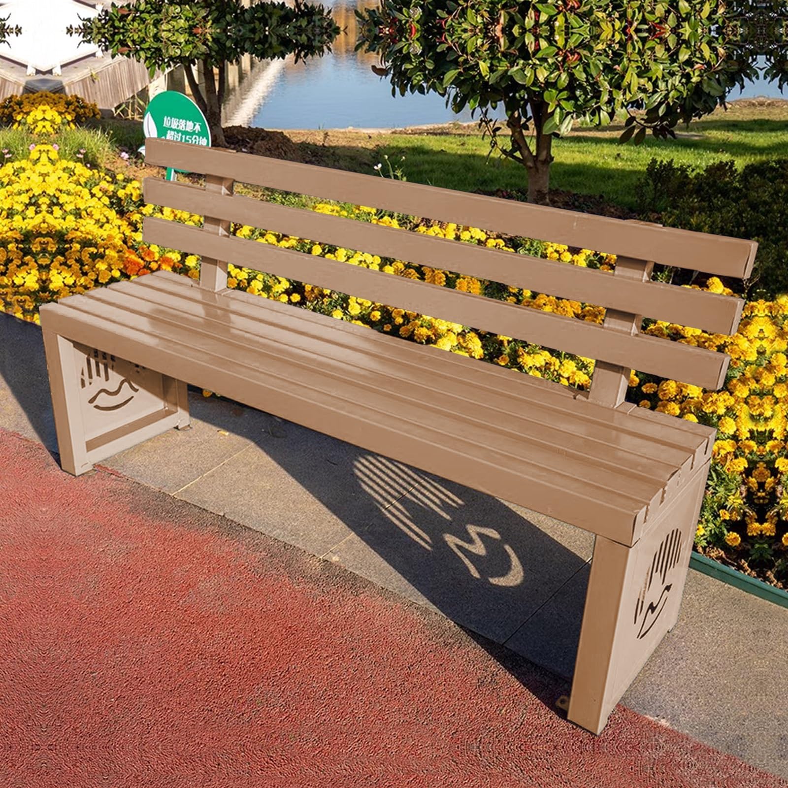 Odporna na warunki atmosferyczne metalowa ławka ogrodowa na zewnątrz z oparciem 90 cm siedzisko na patio na podwórko przednie, werandę, park, piknik, podwórko, trwały wzór khaki