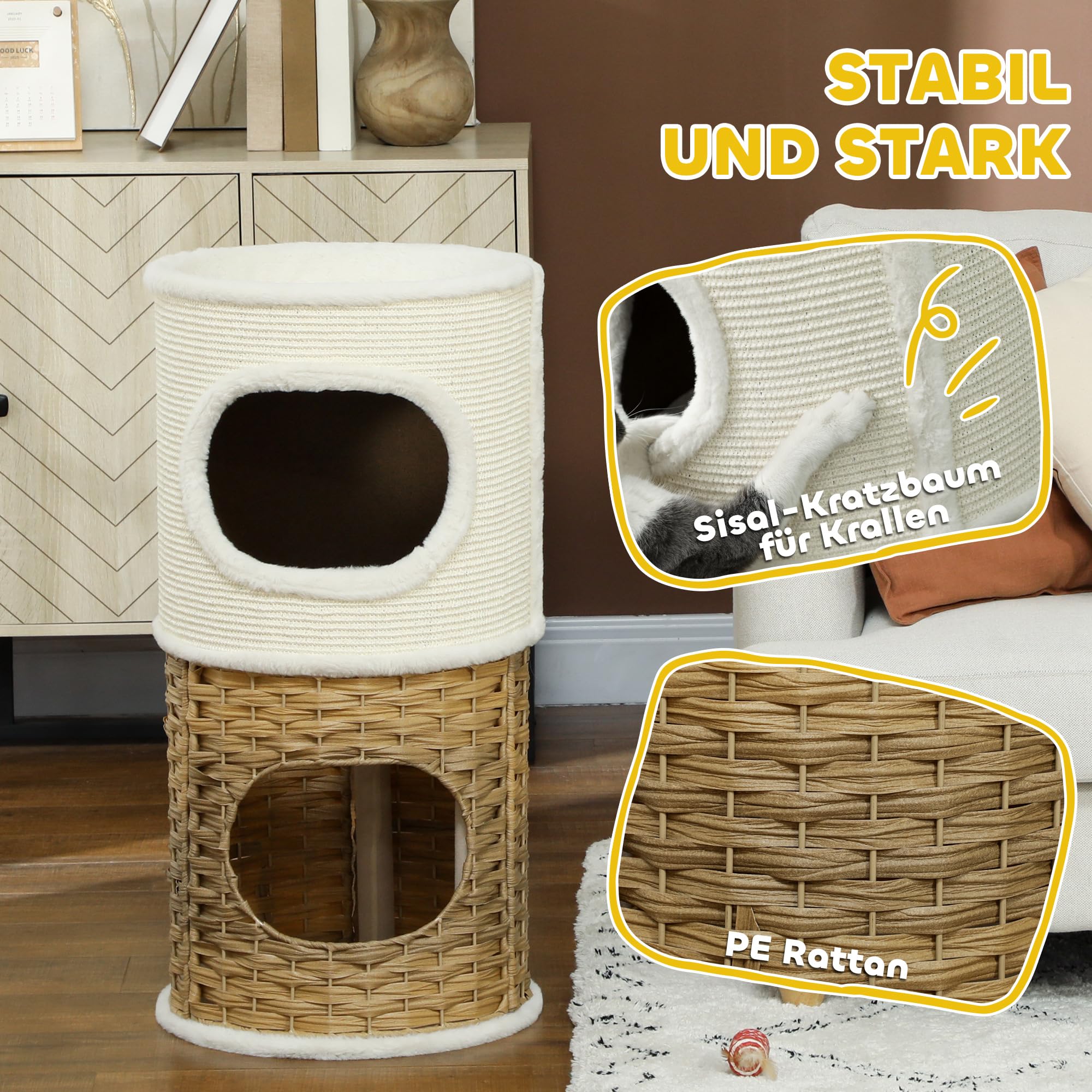 PawHut Tiragraffi 80 cm di altezza, Ø 40 cm, a tre piani con bordo in peluche, grotta per gatti, albero tiragraffi per gatti di medie dimensioni, bianco crema e marrone