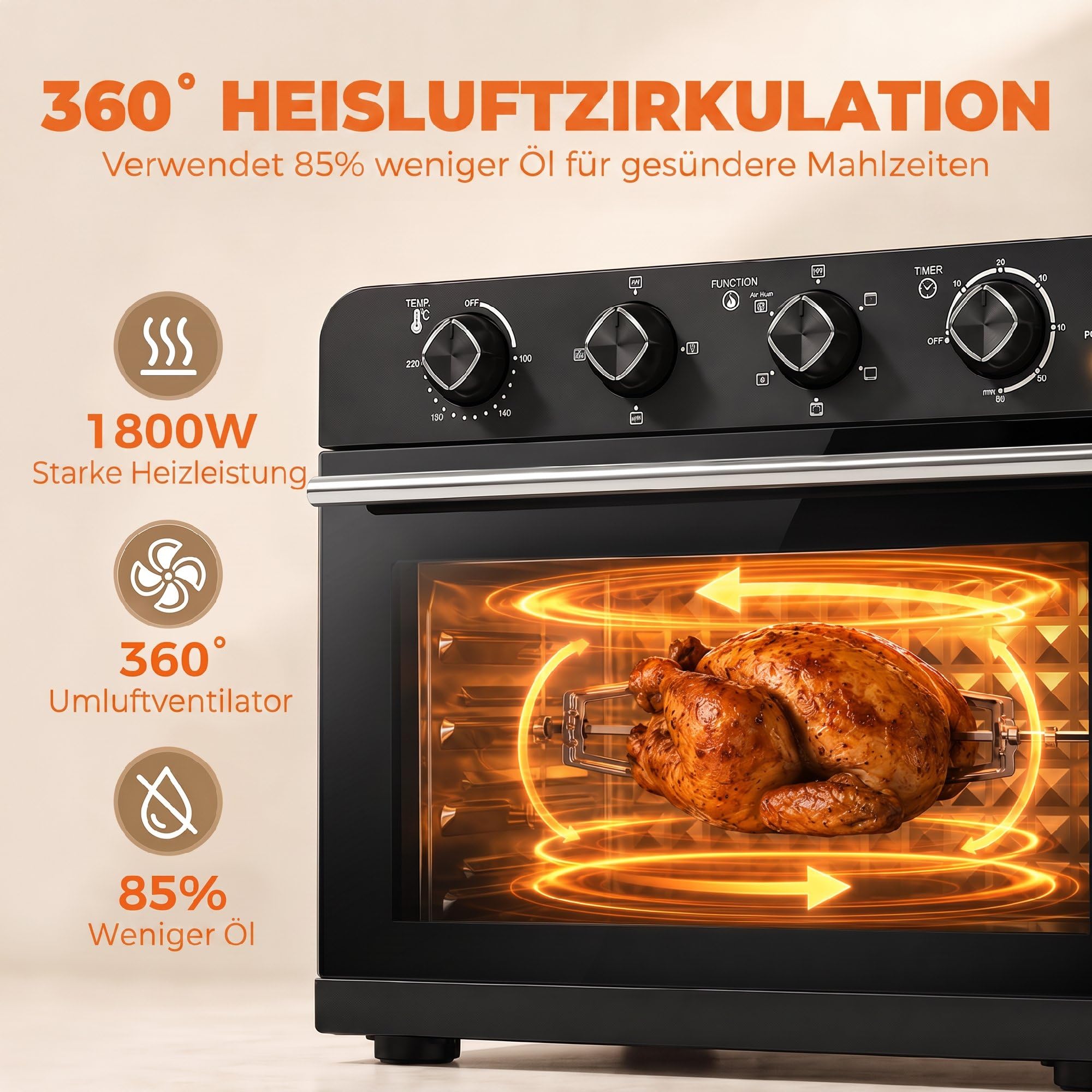 HOMCOM Heißluftfritteuse 36 Liter Mini Backofen mit Umluft, Backblech, Rost