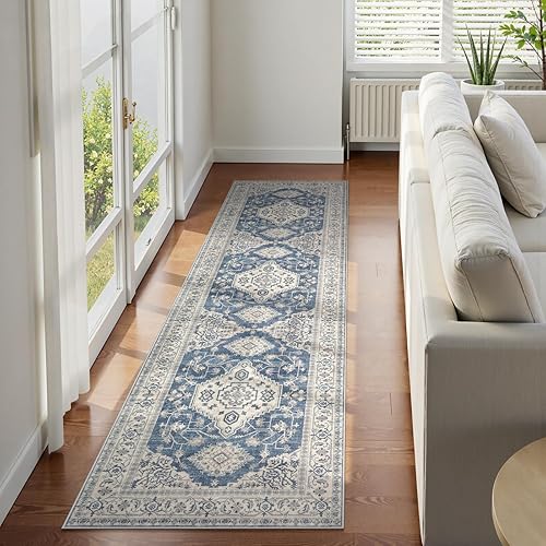 Lahome Alfombra oriental para pasillo  2 x 8 pies, color azul, ultrafina, antideslizante, lavable, alfombra de lavandería, alfombra de pasillo,