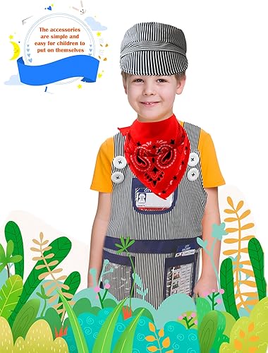 Miniatura 7 de Conjunto de disfraz de conductor de tren para niños, kit de disfraz de ingeniero con gorra, bandana, silbato para niños y niñas, Halloween, día de