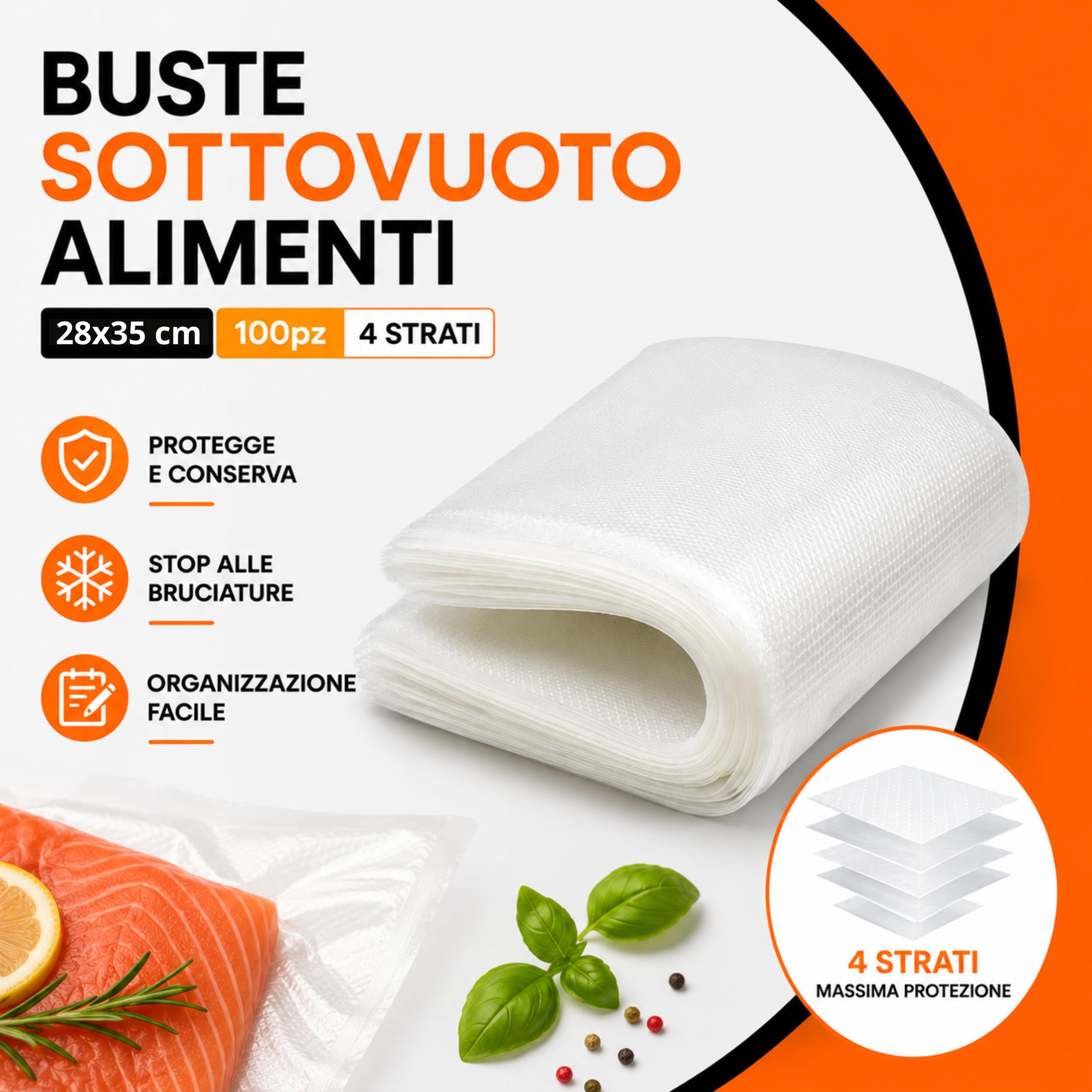 ELETTROCASA - Buste Sottovuoto Alimenti 28x35 cm - Buste per Sottovuoto Per Alimenti Goffrati 100pz - SV 8 - Sacchetti Sotto Vuoto 5 Strati Trasparenti