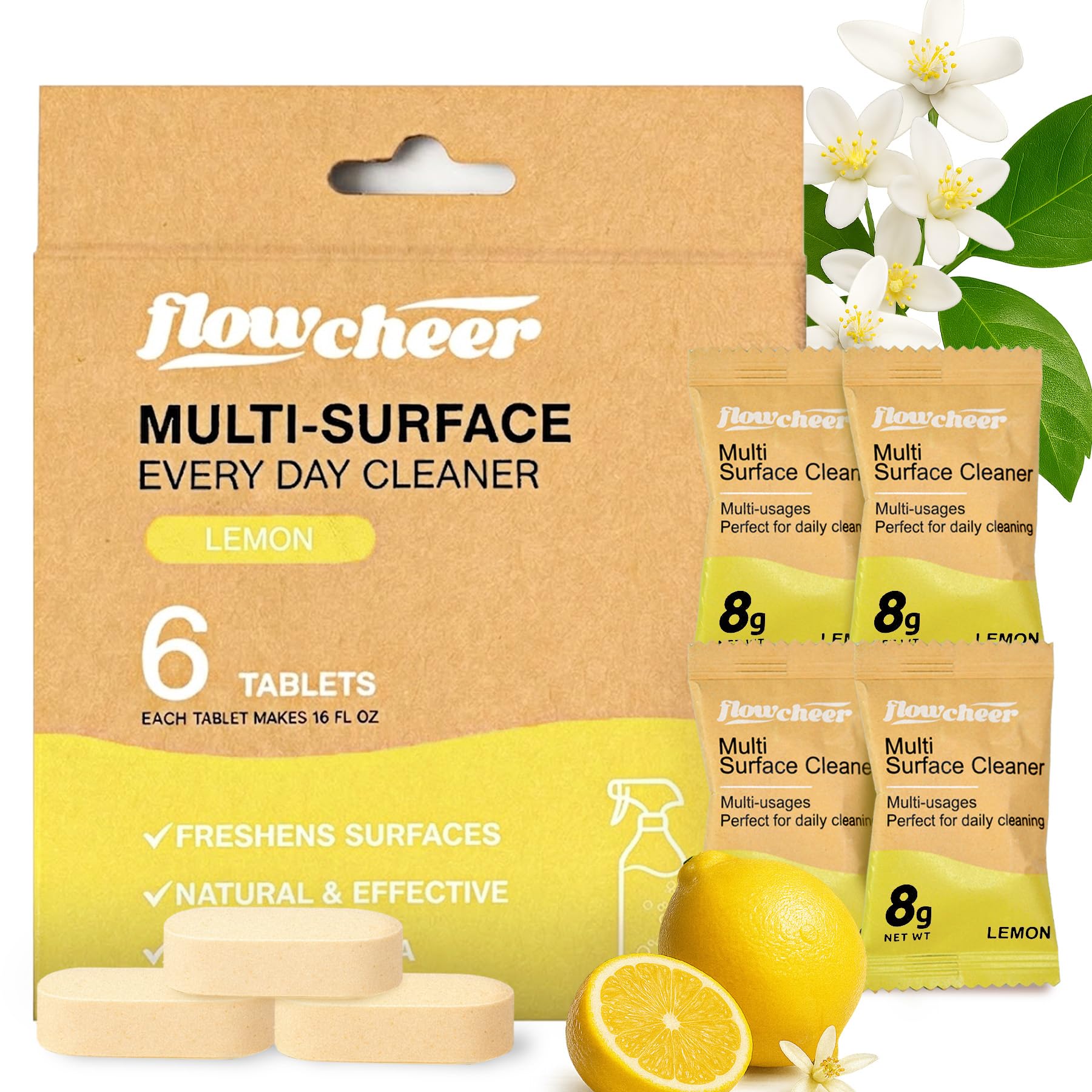 flowcheer Natural Multi Surface Cleaner Refills Spray - 6 Pack (Lemon)