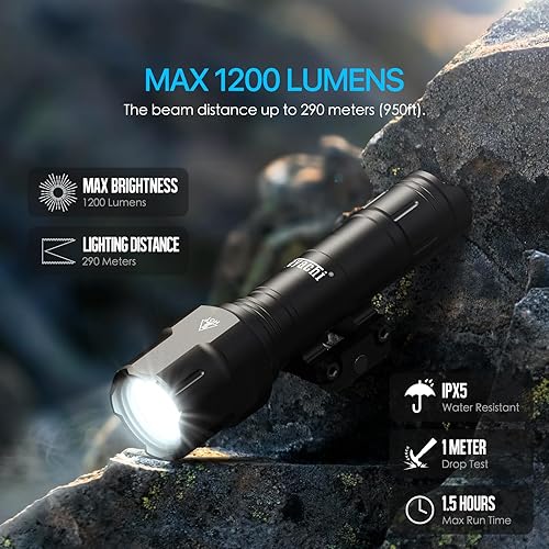 Vista 9 de Feyachi Rifle Light 1200LM 22500Candela WL25 Tactical AR linterna LED luz al aire libre con interruptor de presión y montaje en riel Picatinny, 3