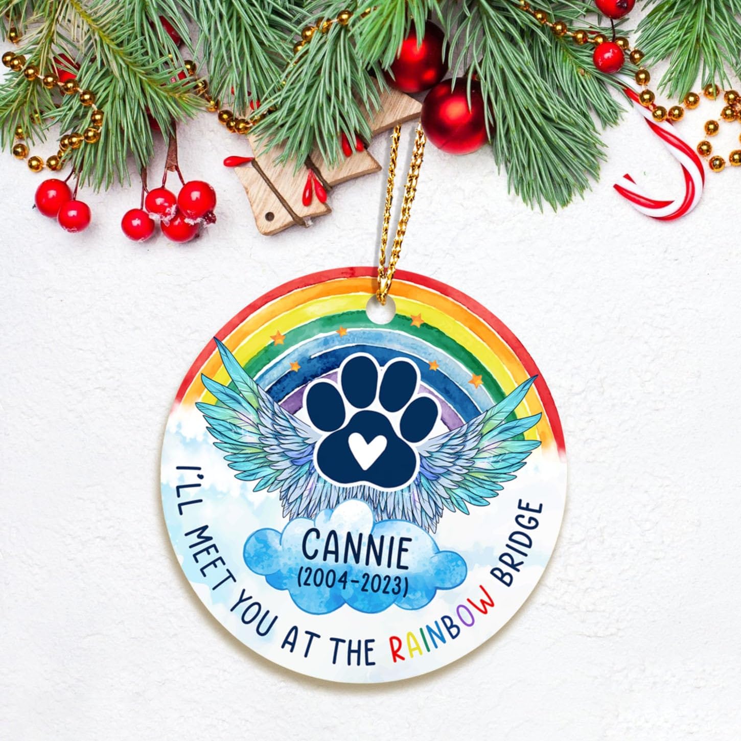 Personalized Rainbow Bridge Pet Memorial Ornament, I'll Meet You at The Rainbow Bridge Ornaments 2024 for Remembrance Sympathy Gift, Pet Loss Gifts, Custom Name Memorial Ornament