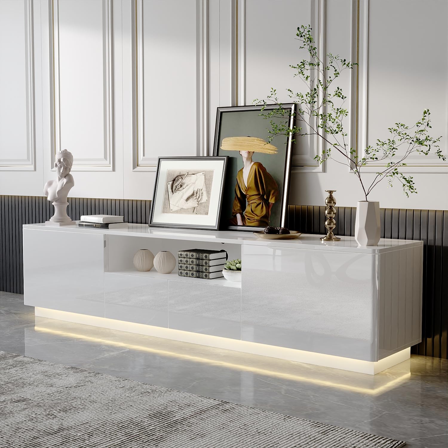 High Gloss TV Stand with LED Lights, Modern Entertainment Center with 4 Drawers, Open Storage and Cable Management Hole, TV Media Console for Living Room, White