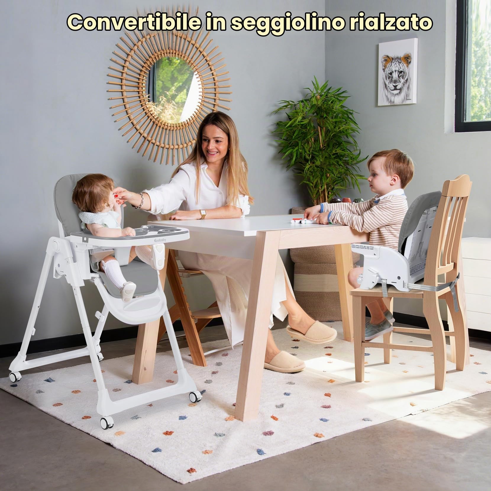 Seggiolone Pappa 4 in 1 Pieghevole, Regolabile con Arco Giochi | 7 altezze, arco giochi, funzione rialzo, doppio vassoio, seduta PU, pieghevole