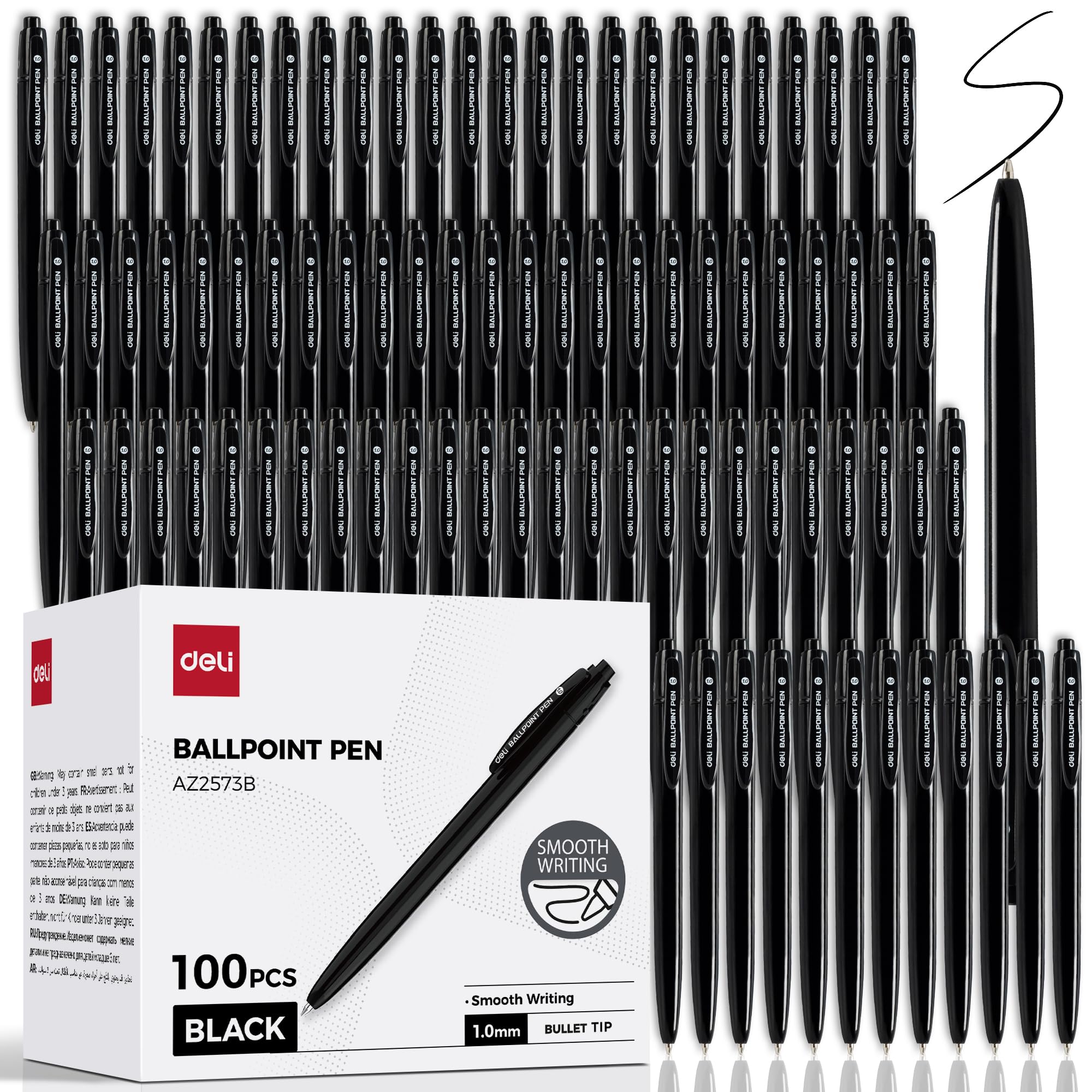 deli Kugelschreiber, 1,0 mm schwarze Tinte, glattes Schreiben, kein Verlaufen, bequemer Griff für Zuhause, Büro und Schule, 100 Stück