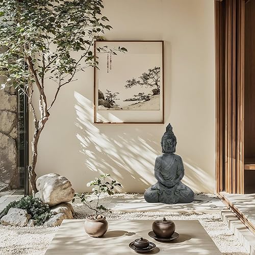Miniatura 4 de LuxenHome - Estatua de Buda grande para exteriores e interiores, estatuas de jardín de Budas meditantes de piedra de fibra de 22 pulgadas,