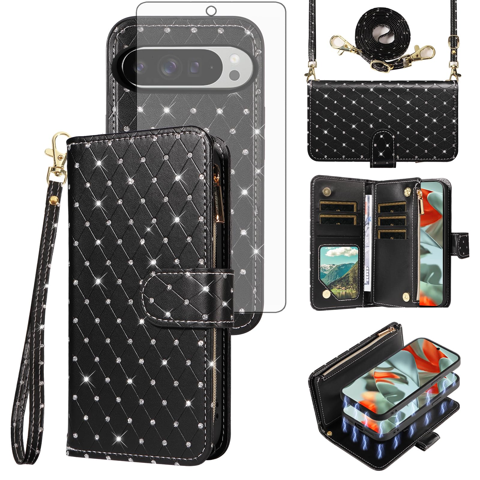 Asuwish Compatible with Google Pixel 9 Pro XL Wallet Case Zipper Cell and Tempered Glass Screen Protector Crossbody Strap Glitter Flip Card Holder Phone Cover for Pixel9 9Pro 9ProXL Nine Women Black
