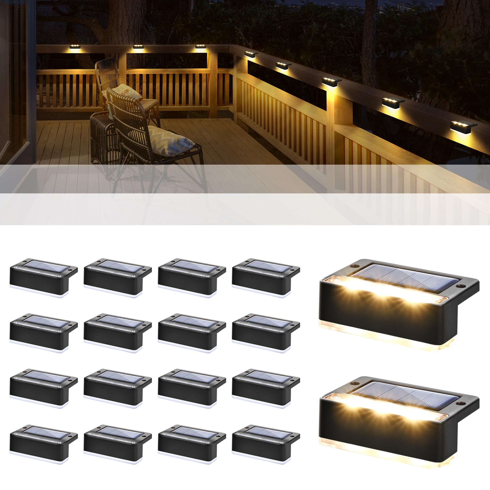 Solpex Lampade solari per esterni, 16 pezzi, luce bianca calda per scale, luci solari impermeabili, illuminazione a LED per scale esterne, gradini, recinzione, giardino, cortile, decorazione (nero)