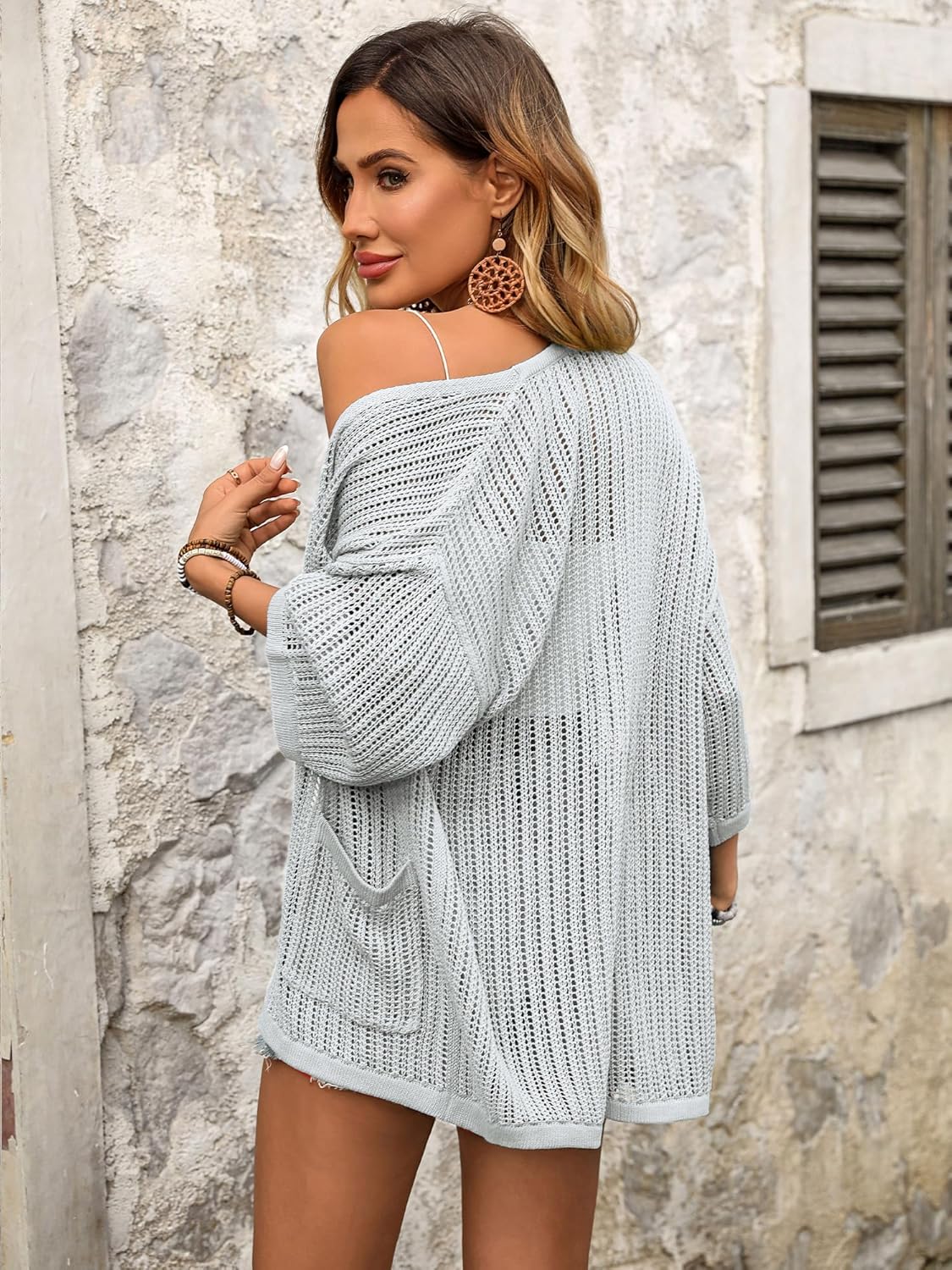 BB&KK Lightweight Summer Crochet Cardigan for Women 3/4 Sleeve Open Front Sheer Knit Boho Kimono Cardigans with Pockets - Image 5