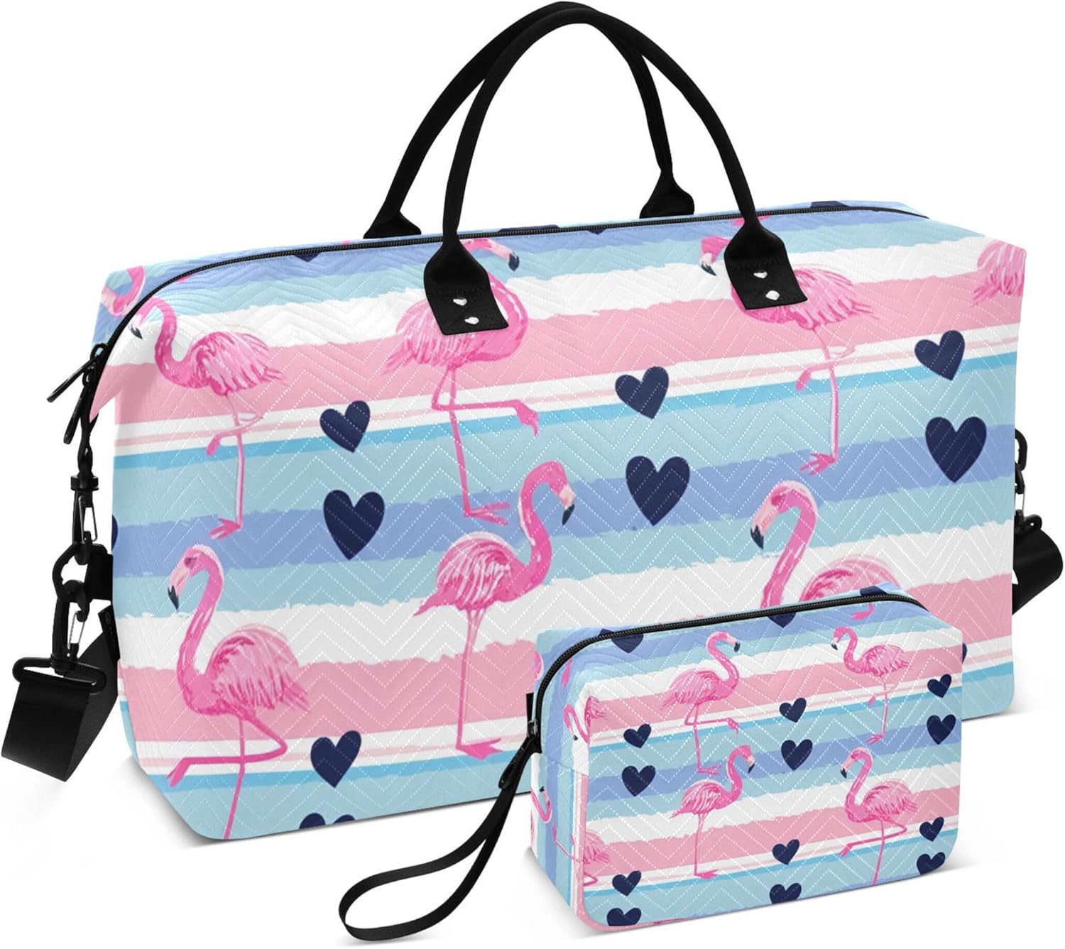 ピンクフラミンゴハート ブルー ダッフルバッグ レディース &amp; トイレタリーポーチ 2個セット デザイン ウィークエンドバッ