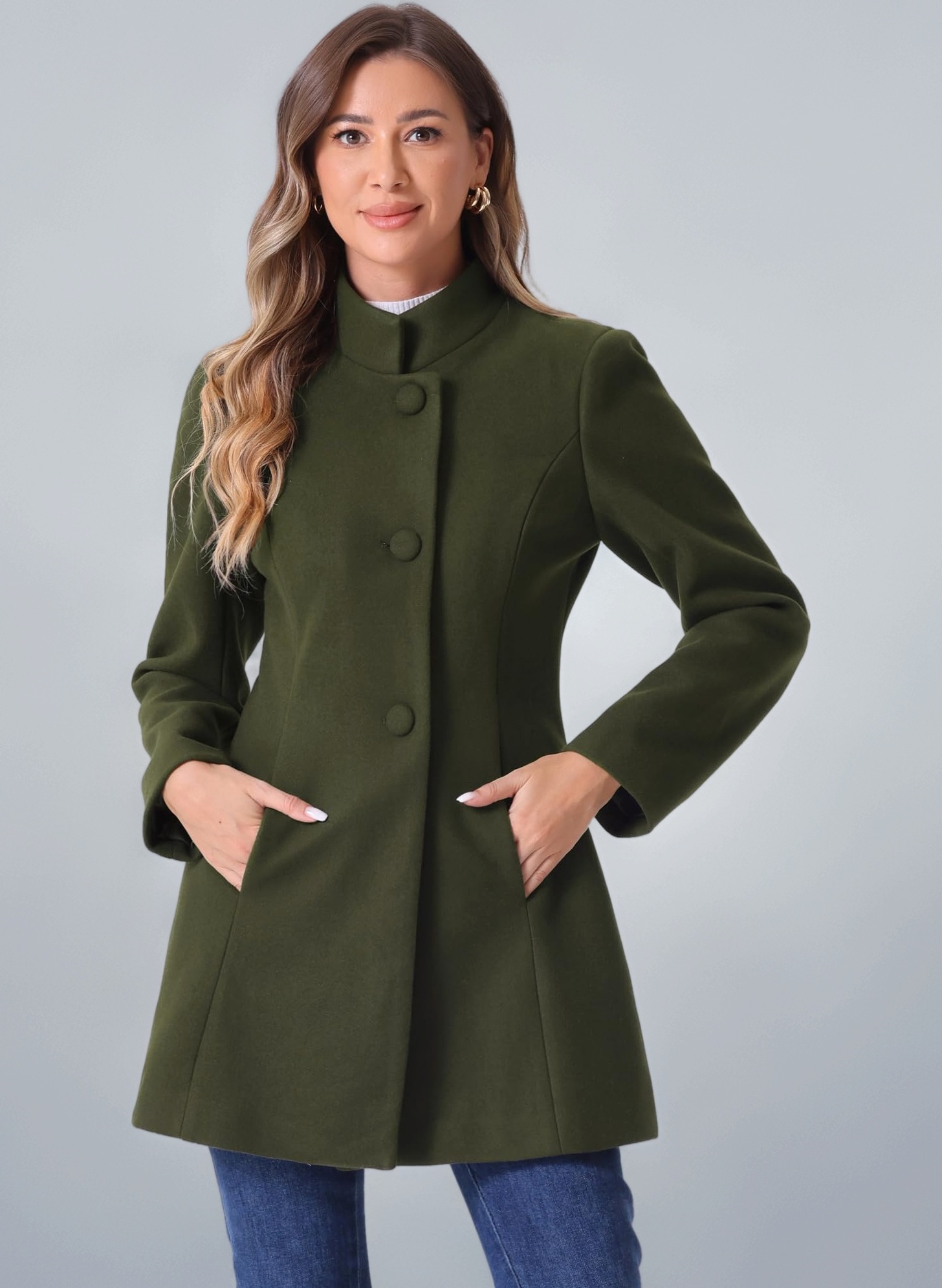 Allegra K Women Winter Overcoat Mid-Long Stand Collar Single
