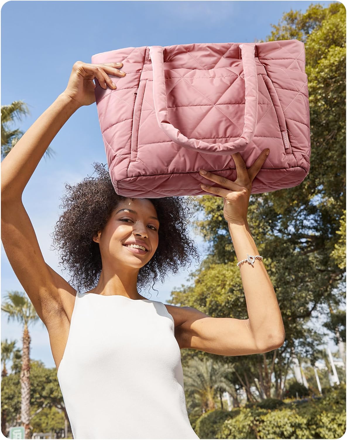 BAGSMART Tote Bag for Women, Puffer Tote Bag with Zipper, Large Quilted Shoulder Bag with Compartments for Travel, Work, Gym - Image 2