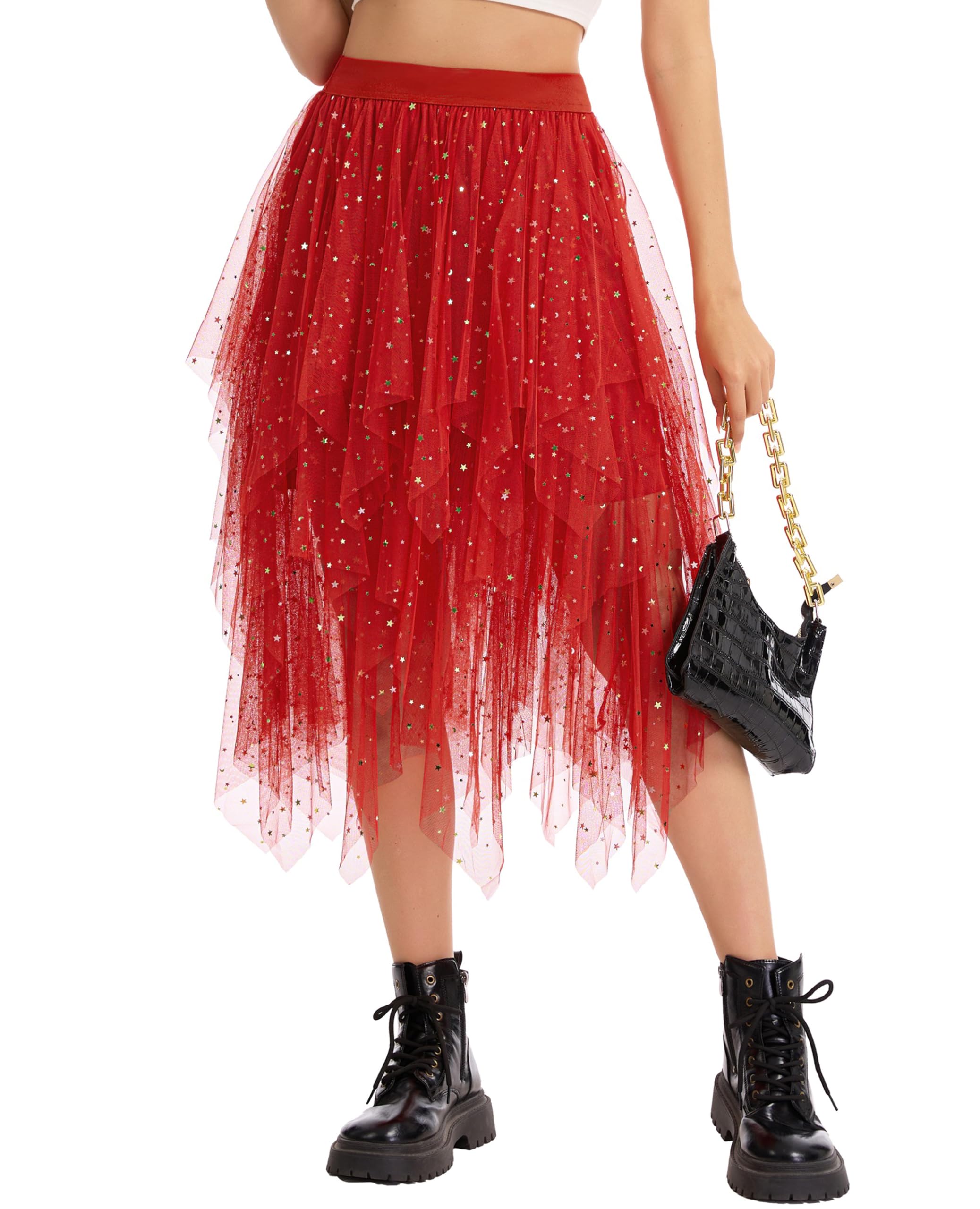 Lovasy Pailletten Rock Damen Tüllrock Schwarz Knielang High Low Layered Faltenrock Midi Rock A-Linie Unregelmäßiger Puffy Fee Tutu Röcke