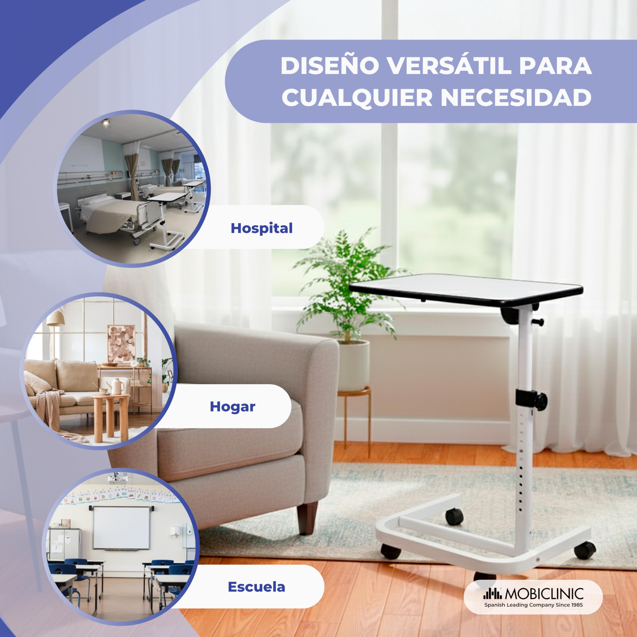 Mobiclinic®, Mesa Auxiliar, Plegable, Altura Regulable, Inclinable, para Ordenador, Sofá, Cama, Reborde Antideslizante, Ruedas 360º con Frenos, Forma en C, Cumbre