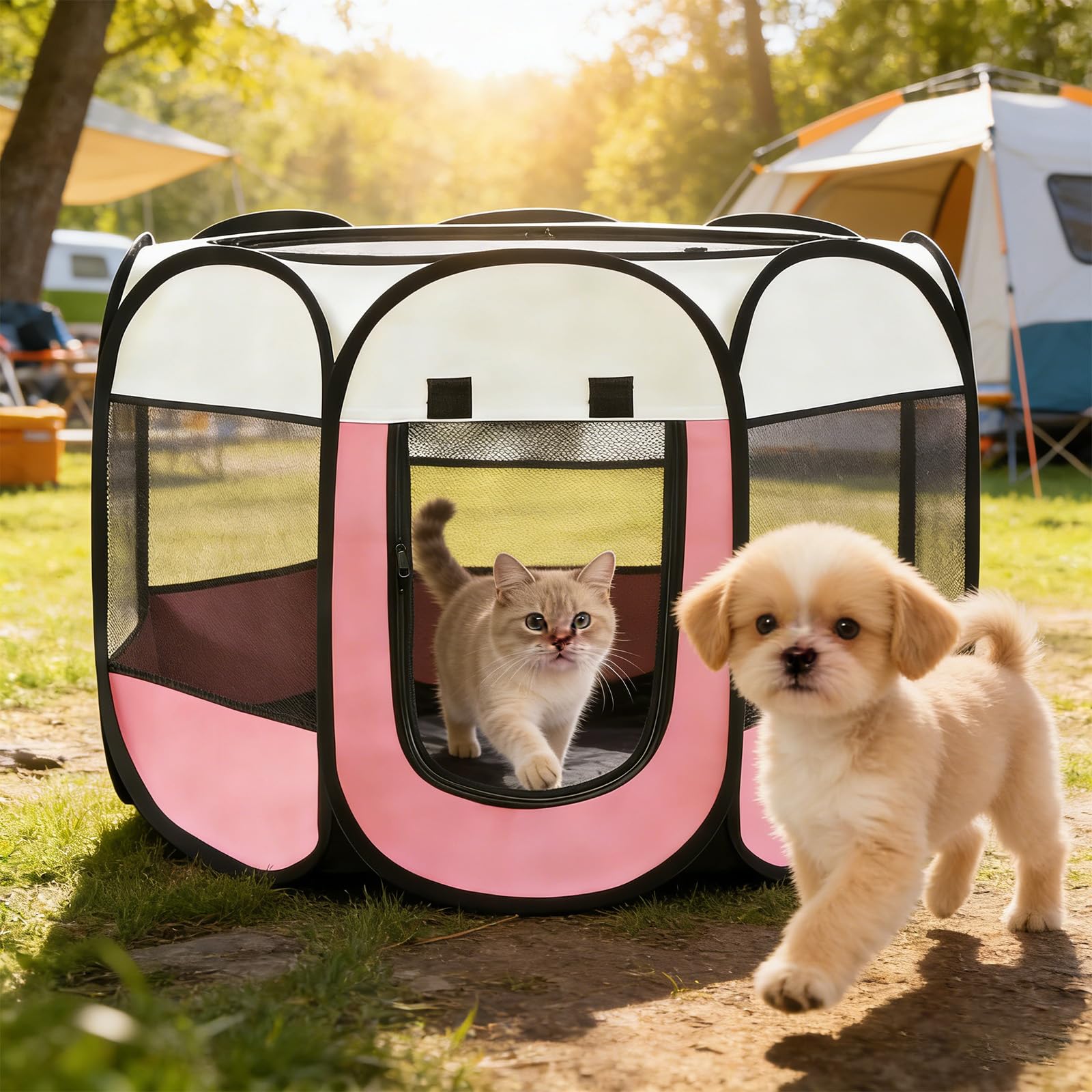 Recinto per Cani da Interno, 74x74x43cm Gabbia per Gatti recinto per conigli da interno kennel cane piccolo Box Pieghevole per Cane, Gabbia per Gatto Esterno (rosa + bianco crema, 74x74x43cm)