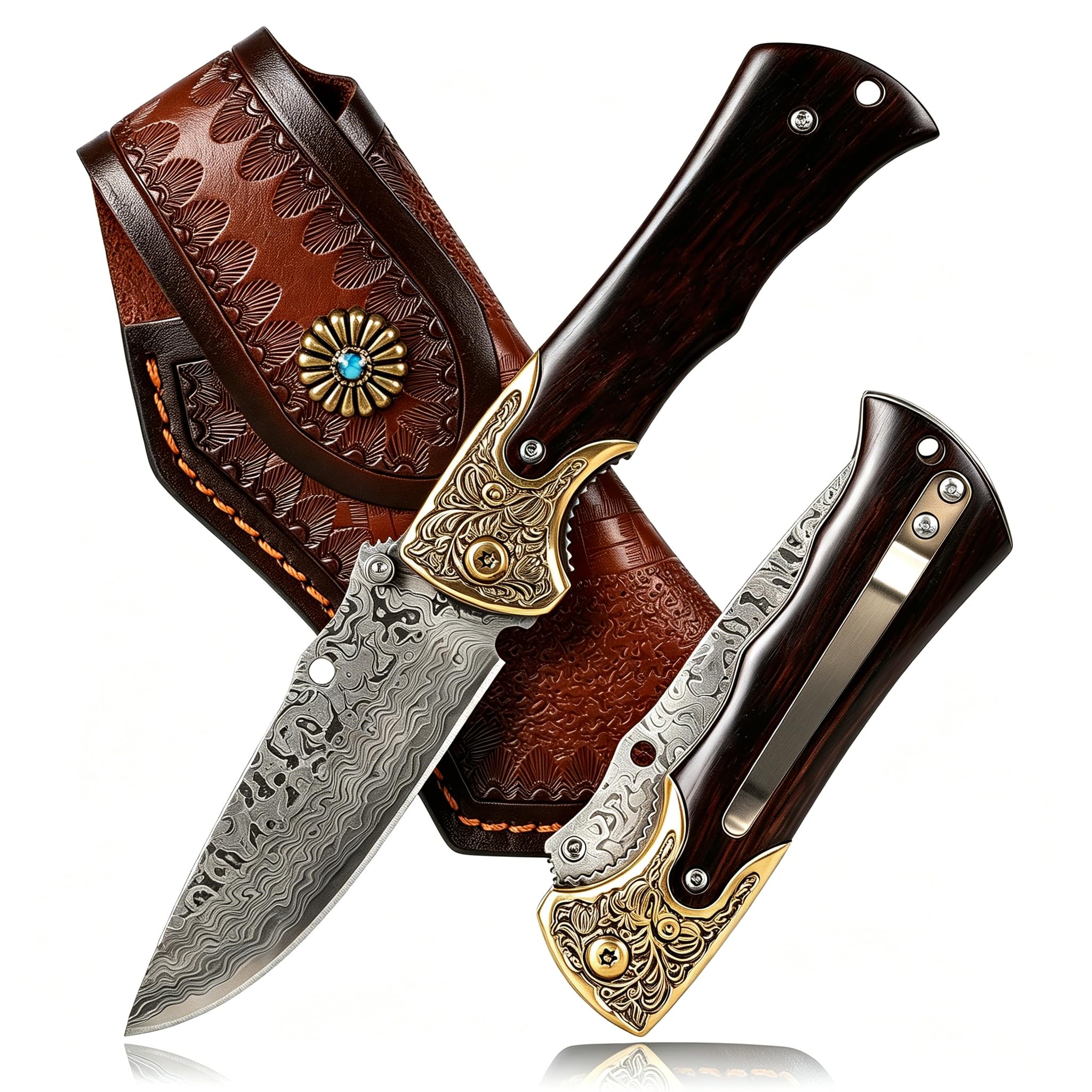Damast Klappmesser, Handgeschmiedetes EDC Taschenmesser Aus 67-lagigem VG10 Stahl, Tragbares Outdoor Messer Für Camping, Wandern, Angeln Und Bushcraft