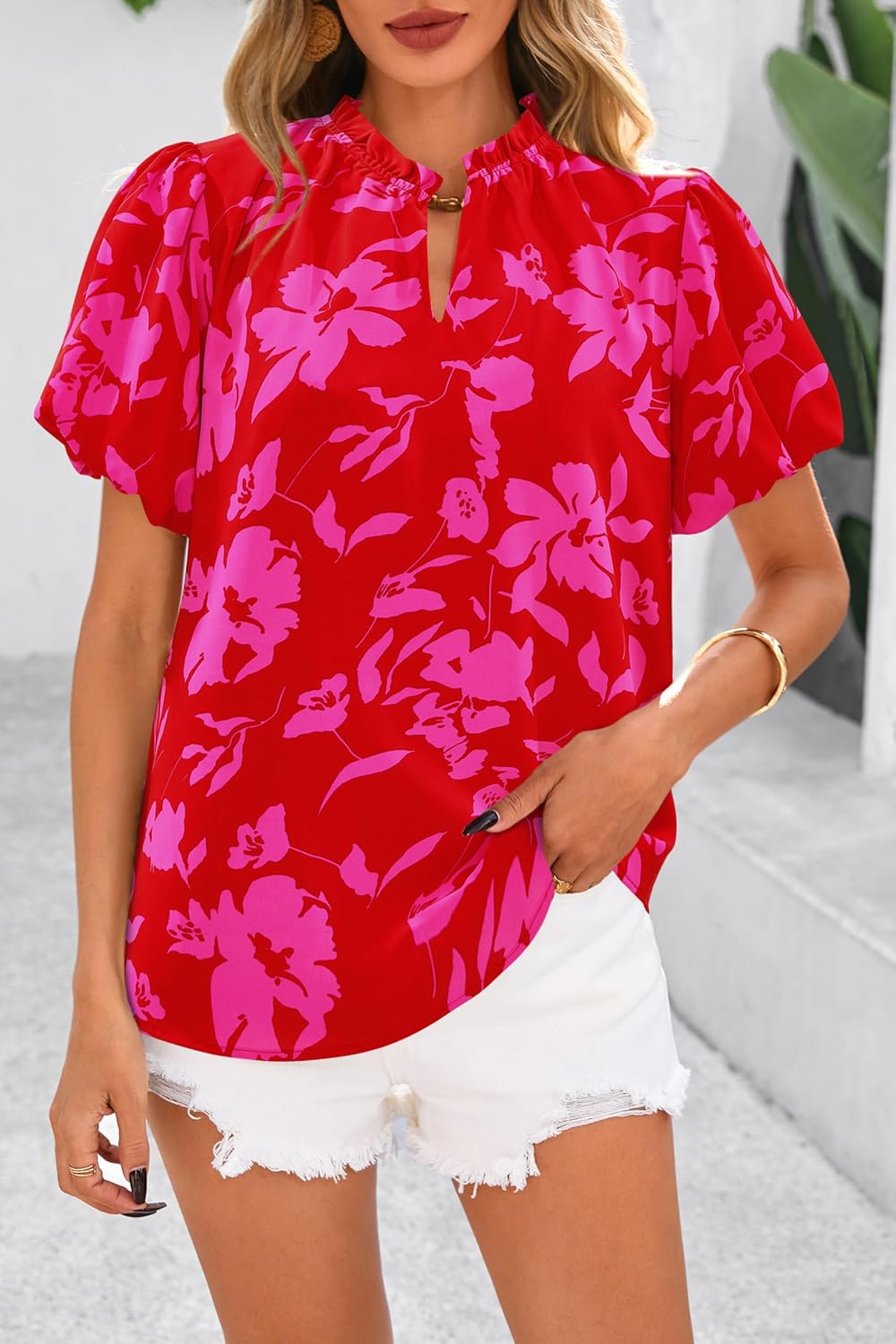 MASCOMODA Boho Short Sleeve Floral Work Blouses for Women Dressy Casual V Neck Puff Sleeve Loose Chiffon Flowy Tops Shirts - Image 2