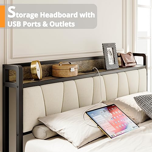 Miniatura 3 de LIKIMIO Base de cama tamaño Queen, cabecera de almacenamiento con estación de carga, sólida y estable, sin ruido, no necesita somier, fácil montaje