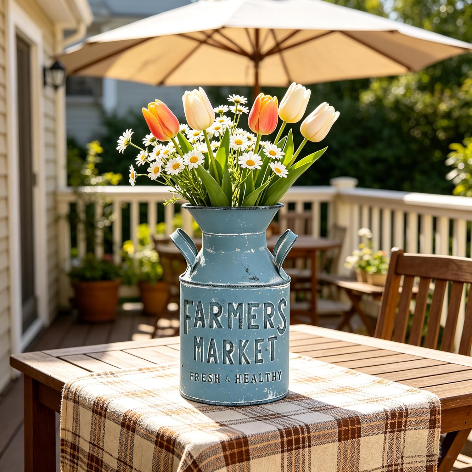 Vintage Rustic Metal Flower Vase Farmhouse Distressed Decor Plant Jug Cans Shabby Milk Pitcher for Indoor & Outdoor Garden Livingroom Entryway Table Centerpieces Shelf Kitchen Decor Blue