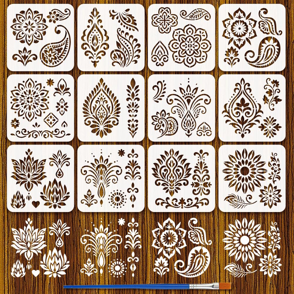 FINGERINSPIRE 12Pcs Mandala Pattern Stencils with a Brush, 20x20cm 12 Styles Floral Design Craft Stencil Mandala Floral Stencils Reusable Plastic Stencil for Painting on Wood, Floor, Wall, Fabric