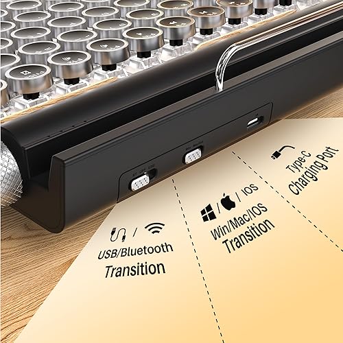 Miniatura 6 de Máquina de escribir retro teclado mecánico inalámbrico para juegos, Bluetooth 5.0 para computadora de oficina, teclados vintage, 83 teclas azules,