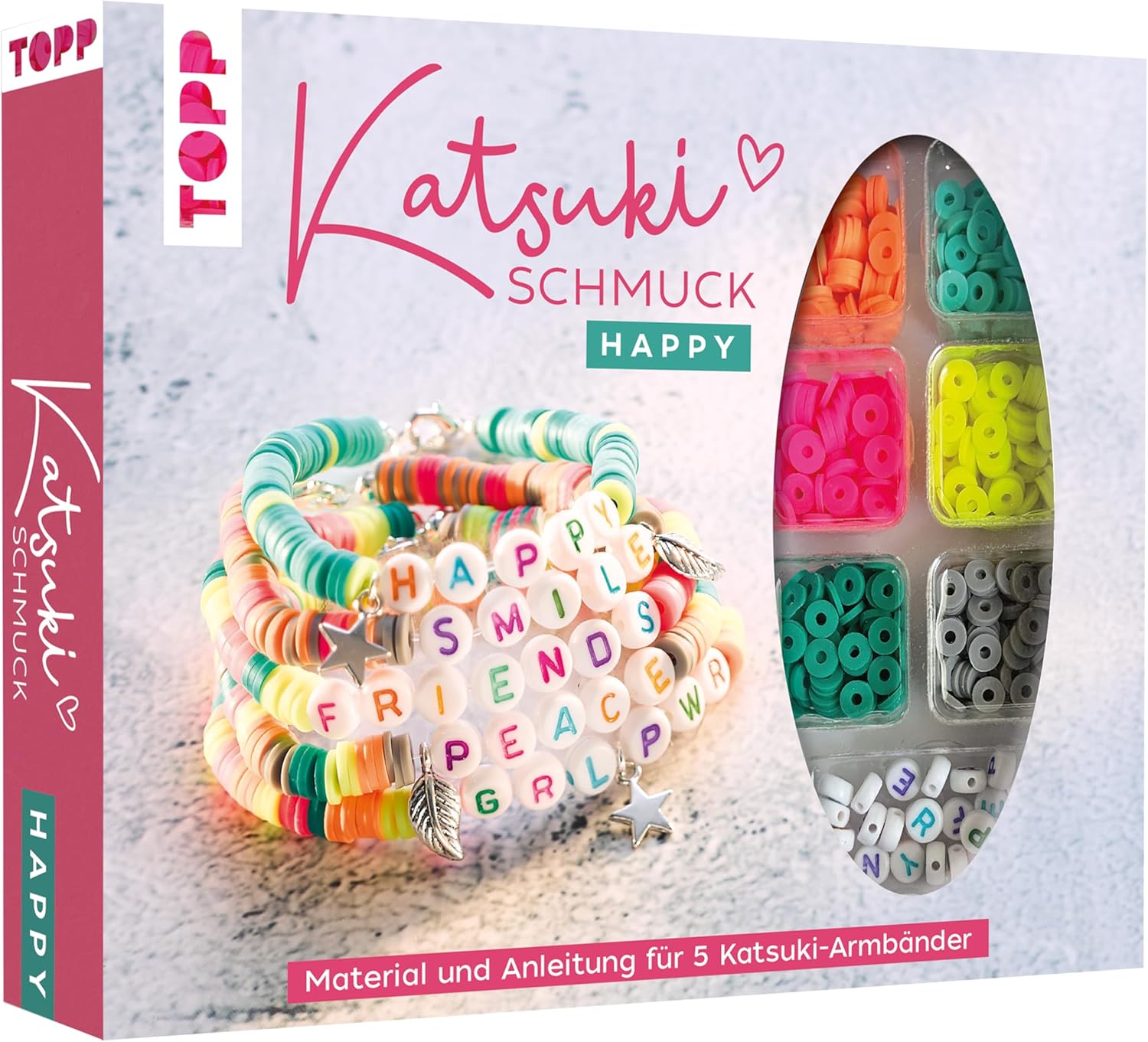 TOPP Katsuki Jewellery Set with Letter Beads – Happy: Instructions and Material for Five Bracelets in Trendy Colours with Messages (Happy, Smile, Friends, Peace, GRL PWR)