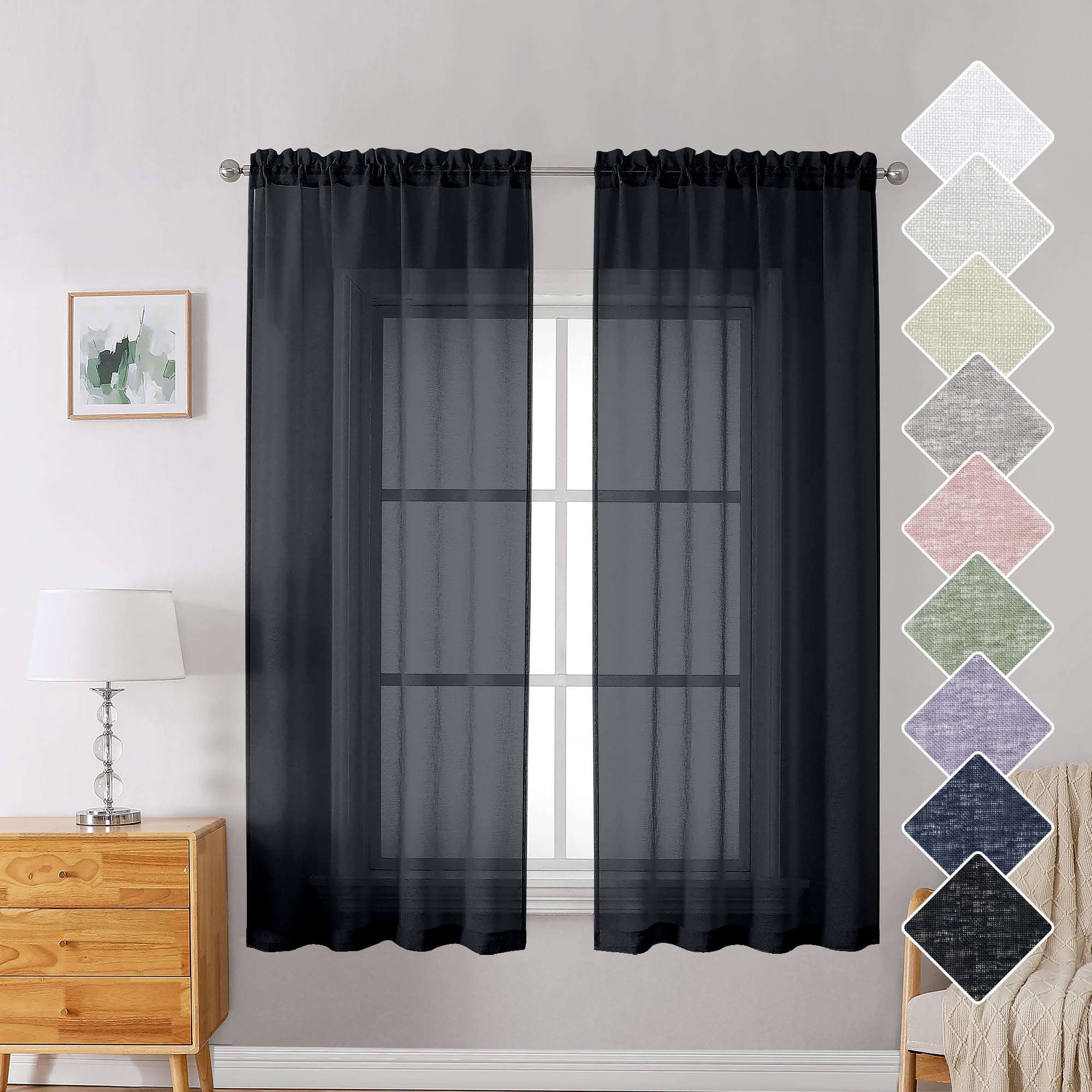 Lecloud Doris 2 Panels Black Sheer Curtains 63Inch Length, Light Reducing Solid Living Room Curtain Dual Rod Pockets, Texture Faux Linen Drapes for Kitchen Bedroom Small Window Panel, 30x63 Inches