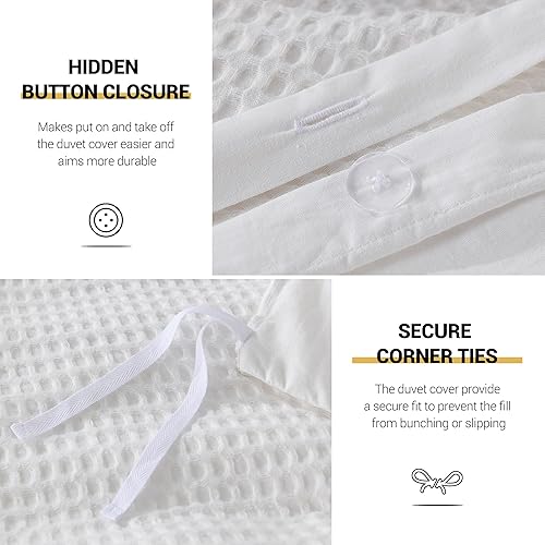 Miniatura 3 de Juego de funda de edredón de 50 % algodón, 50 % viscosa derivada de bambú, ultra suave, color blanco gofre, tamaño King, transpirable, con textura