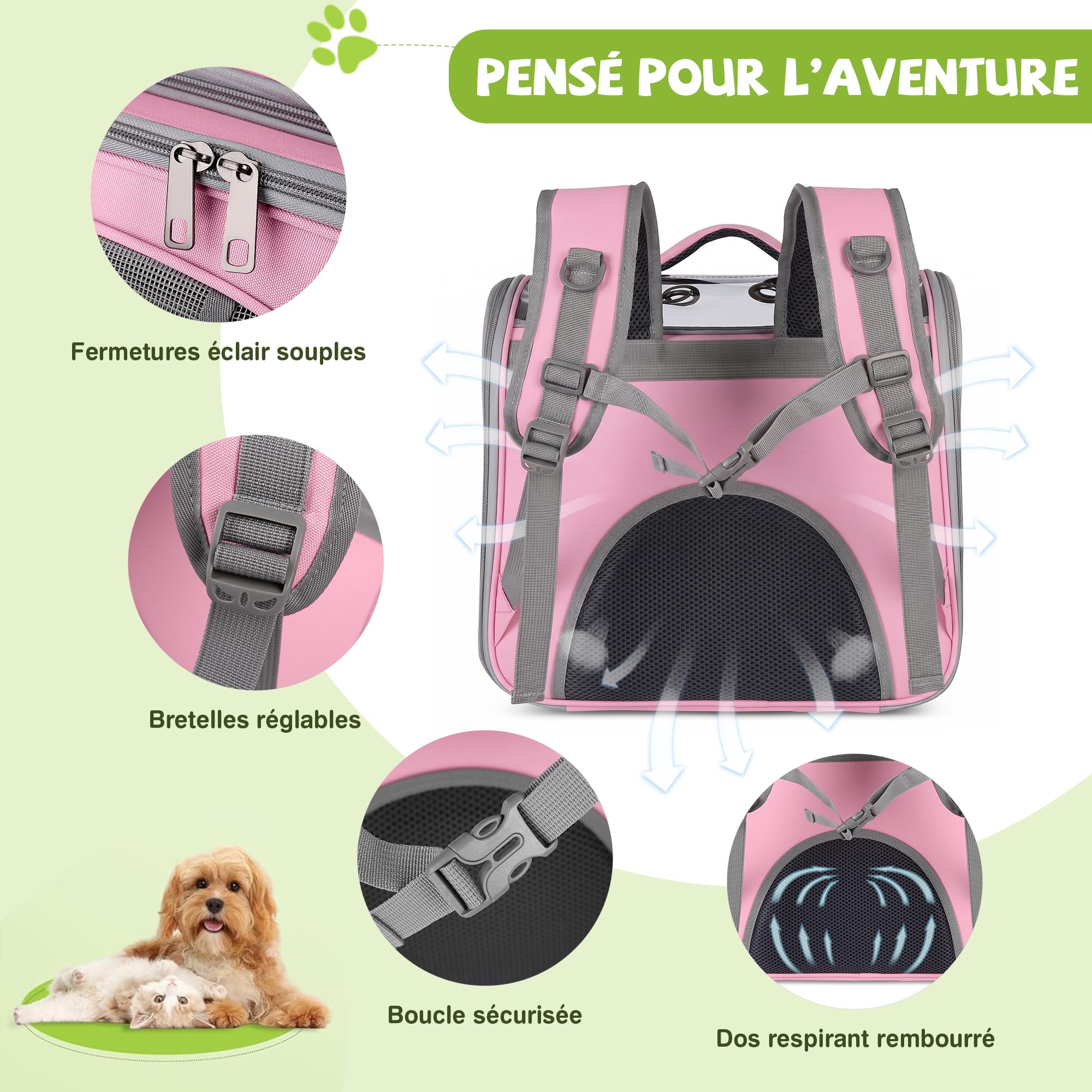 ALLSOPETS Sac à Dos pour Chien, avec Fenêtre Transparente, Rose Fleur | Sac à Dos Transport Respirant avec Crochet de Sécurité, Confortable pour Chats et Petits Chiens en Voyage, Extérieur Aventure