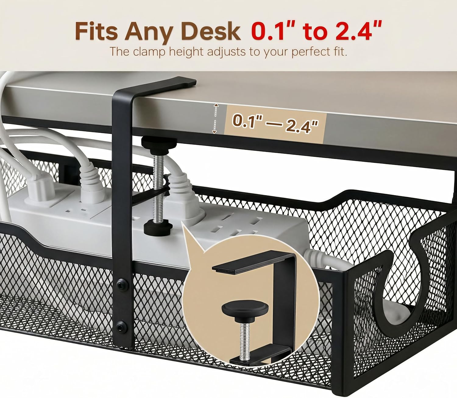 Upgraded 25.2'' Under Desk Cable Management Tray, No Drill Clamp-On Design Wire Organizer, Cable Organization Box for No Damage to Desk, Metal Cord Organizer for Home Office, Black