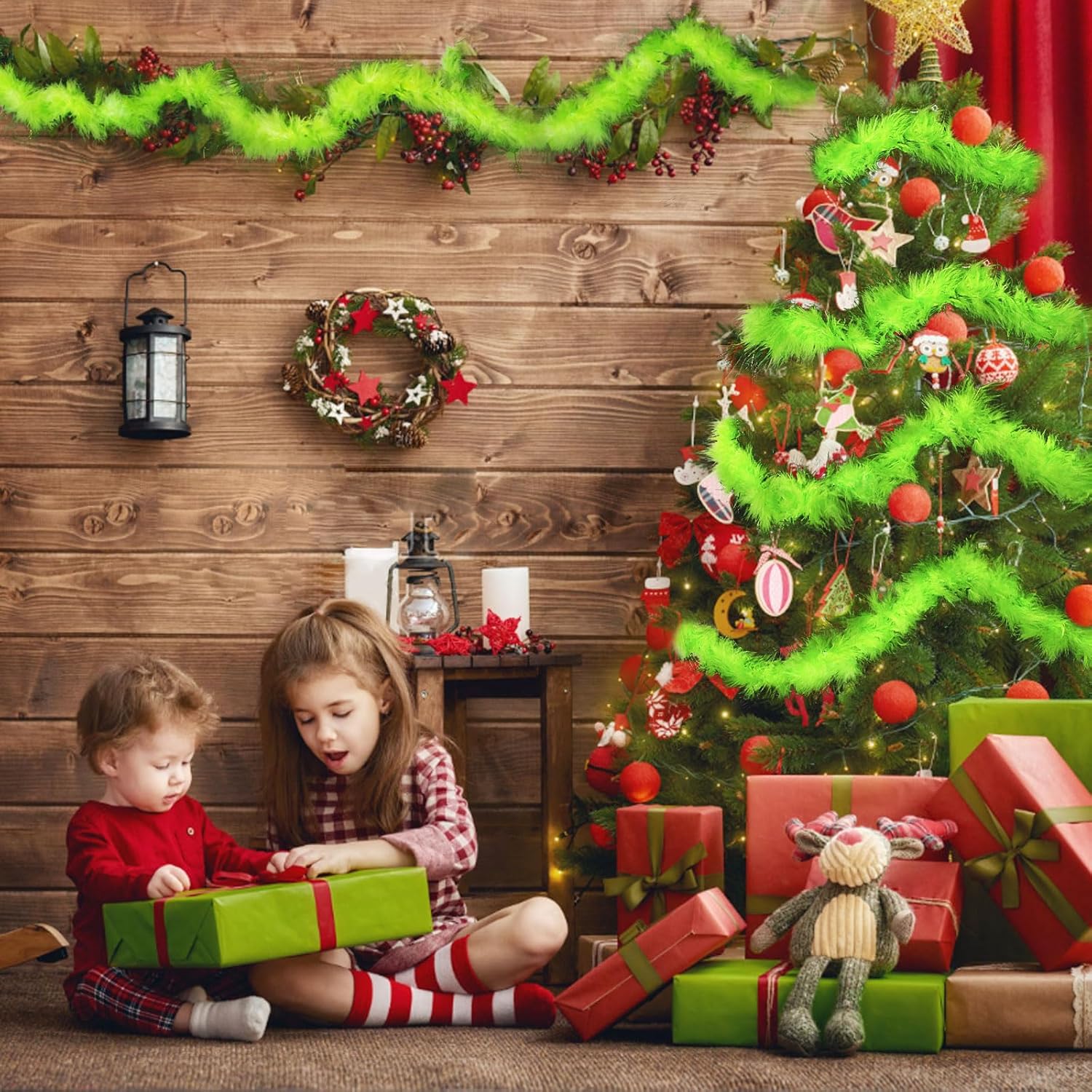 3 Pcs 20 Ft Christmas Garland for Tree,Faux Feather Christmas Tree Garland,Lime Green Garlands for Tree Stairs Mantle Railing Indoor Outdoor Xmas Decorations