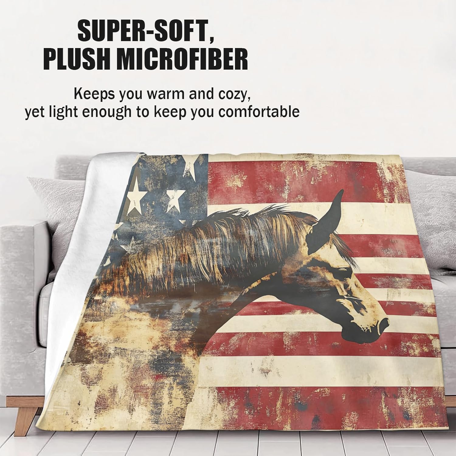 Memorial Day Throw Blanket 50"x60" - Horse Design, Ultra-Soft Fleece Plush Blanket for Couch Bed Sofa, Cozy Lightweight Blanket for Kids Camping Travel, 4th of July Decor Gifts