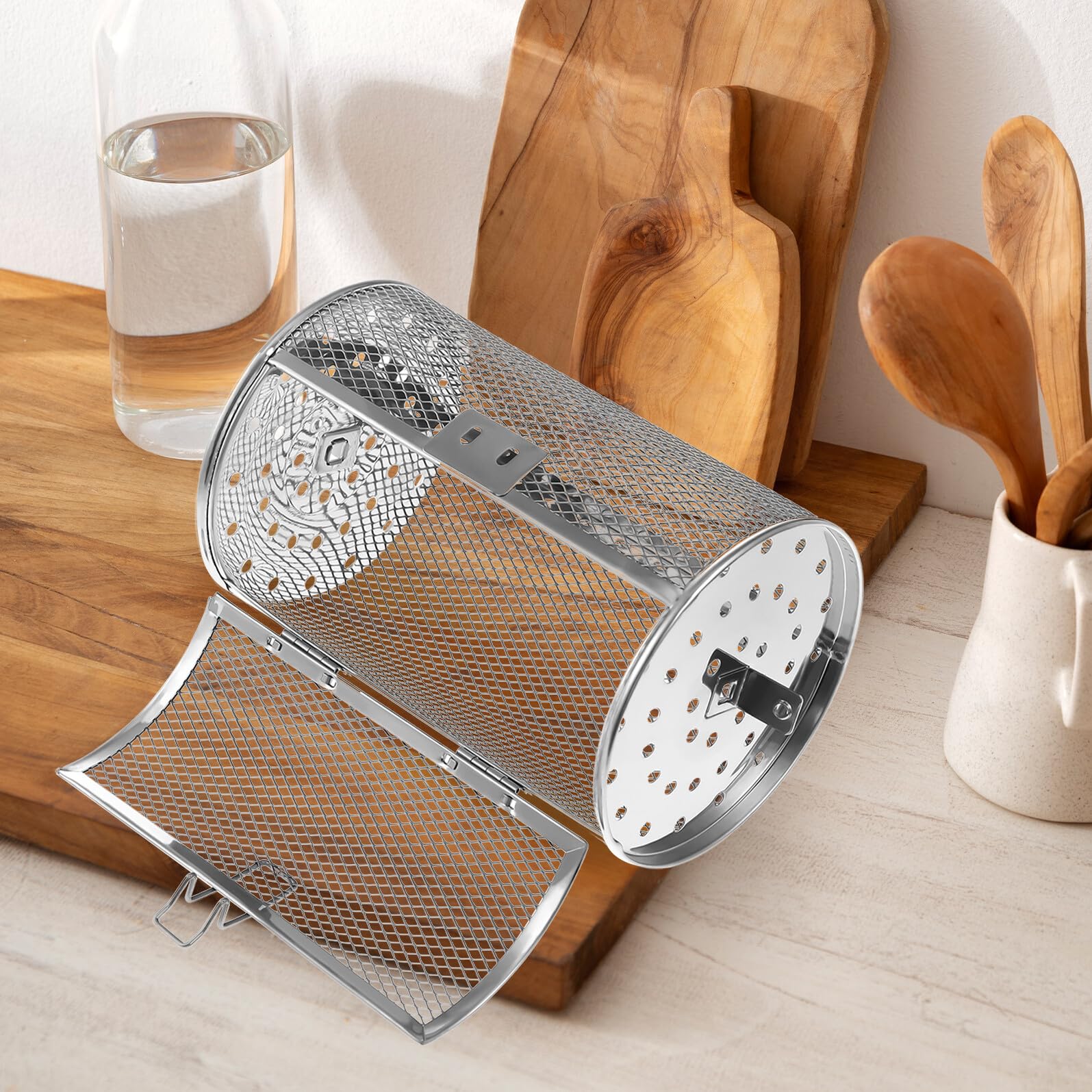 MAGICLULU Edelstahl Drehbarer Grillkorb Für Airfryer Und Ofen Mit Leicht Öffnender Tür 360° Rotisserie Trommel Zum Gleichmäßigen Braten Von Nüssen Fleisch Und Obst