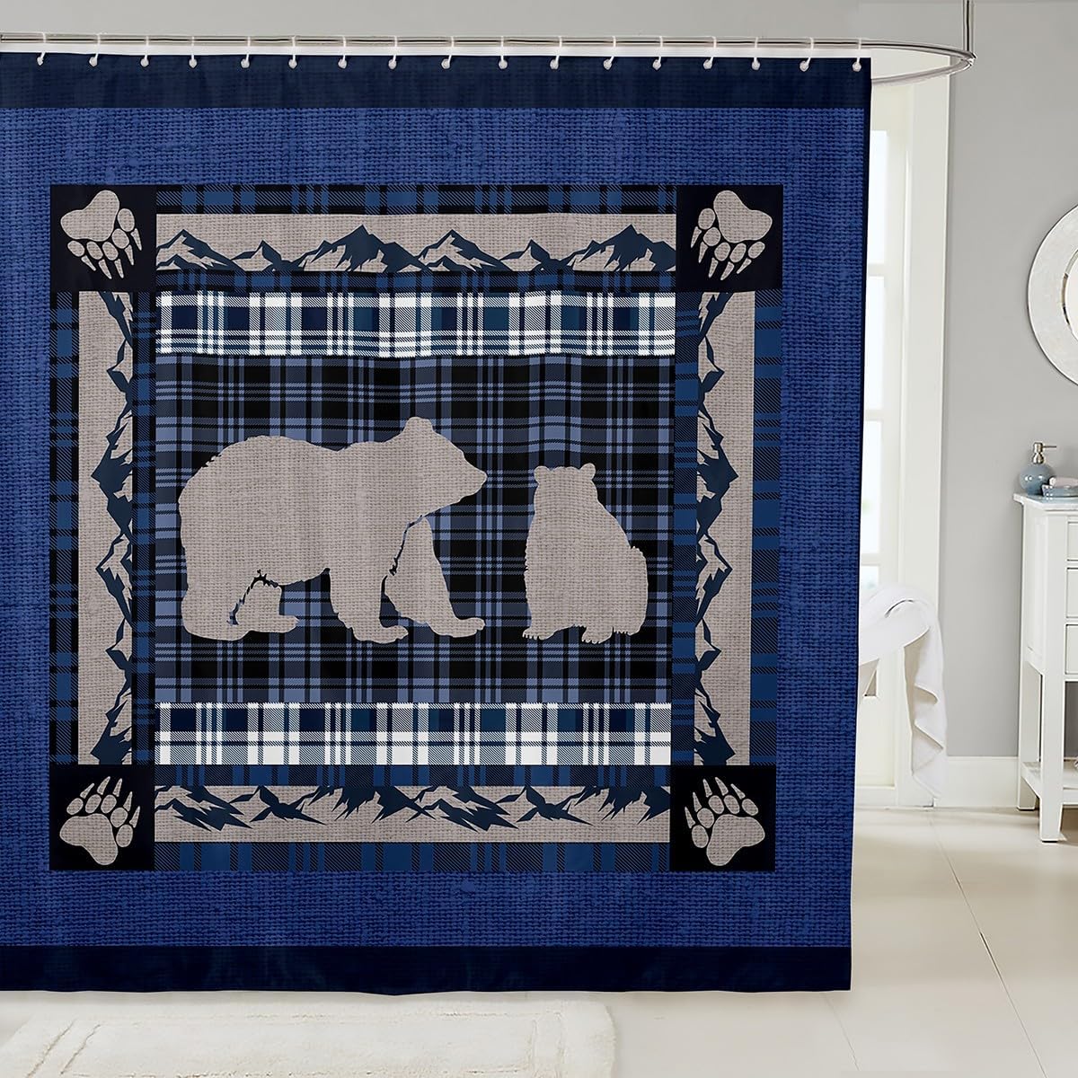 Feelyou Cabin Bear Bath Curtain Kids Wild Animal Shower Curtain Decor Rustic Cabin Country Bathroom Shower Curtain Set Wildlife Buffalo Check Blue Kids Bathroom Accessories 72"x78"